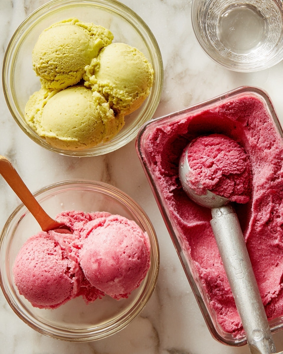 The image shows three servings of ice cream, each in a clear glass bowl. The top bowl contains three yellow-green scoops with a smooth, slightly fluffy texture. The left bowl has two bright pink scoops with a creamy, slightly rough texture, and a wooden spoon partially inside. On the right side, an open container filled with packed magenta ice cream is visible, with a metal ice cream scoop holding one rounded scoop resting inside. The background is a white marbled surface, and a clear glass of water sits near the top right of the frame. photo taken with an iphone --ar 4:5 --v 7