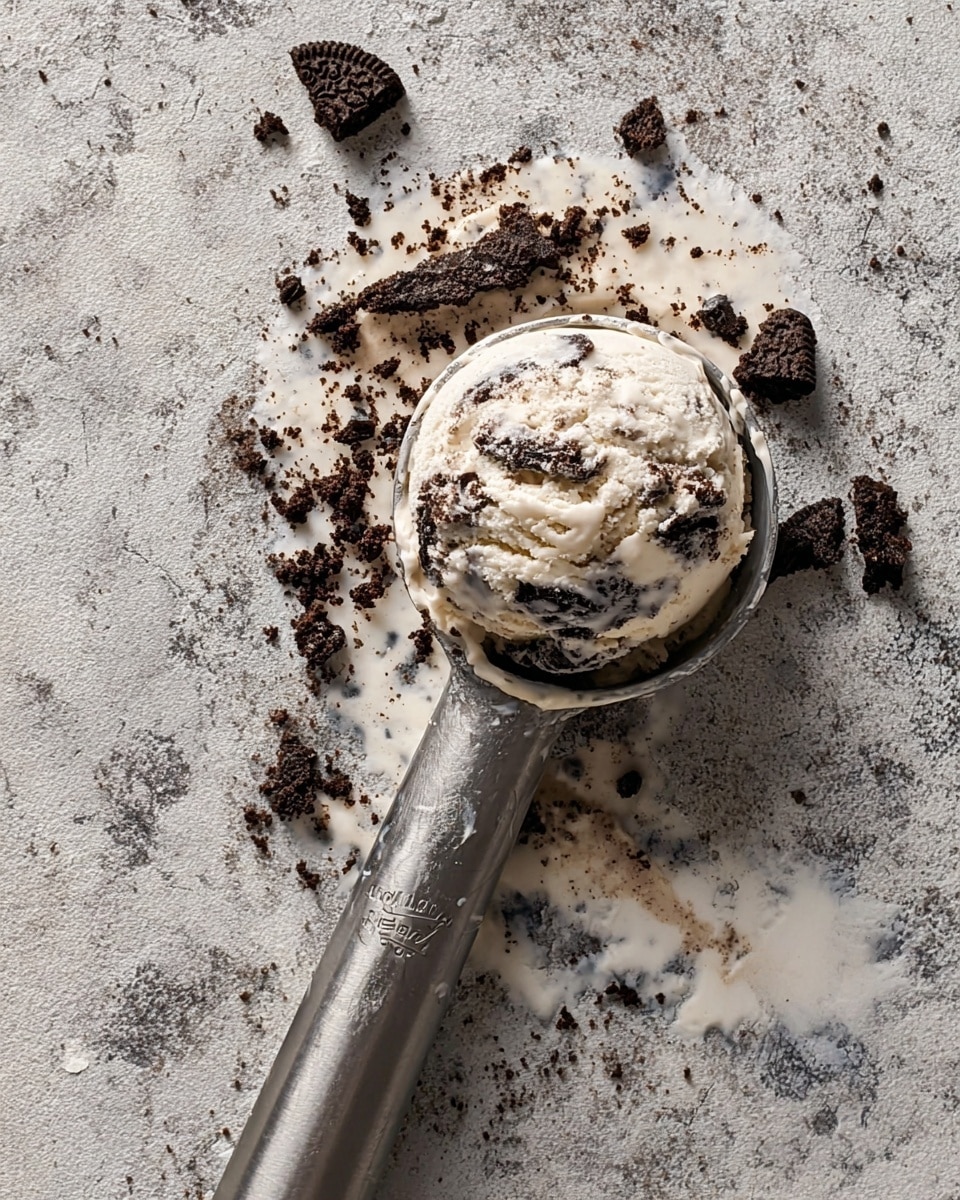 A scoop of cookies and cream ice cream with creamy white base mixed with dark brown cookie crumbs, lying on a rough, grayish-white marbled surface. The ice cream scoop has a round shape with uneven texture, showing visible chunks of cookie bits in the creamy layer. Next to the ice cream is a metal ice cream scoop with some melted ice cream and cookie crumbs inside, placed diagonally on the surface. Small cookie crumbs are scattered around the ice cream and scoop, adding texture and detail to the scene. Photo taken with an iphone --ar 4:5 --v 7