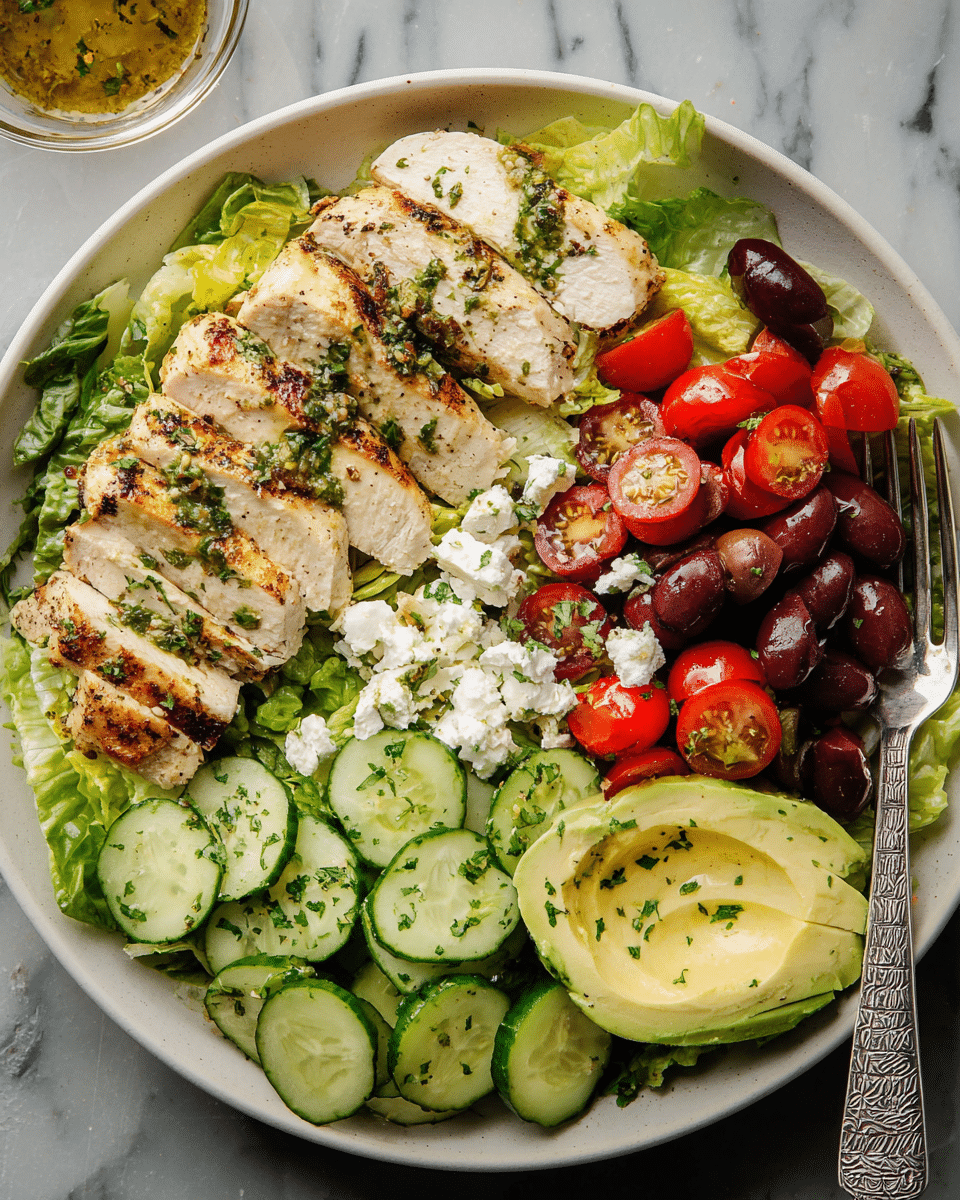 A white plate holds a fresh salad with multiple layers: the base is green lettuce leaves spread around the plate, over which there are slices of grilled chicken breast with a light golden brown crust and sprinkled with chopped green herbs on the left side. To the right, there are halved red cherry tomatoes mixed with dark purple olives and small white crumbles of cheese, scattered lightly. Below, vibrant slices of cucumber laid flat and overlapping, sprinkled with chopped herbs, make a fresh green layer next to creamy pale yellow avocado slices at the bottom right. A silver fork with a patterned handle rests partially on the right edge of the plate. The plate sits on a white marbled surface. A small glass bowl with dressing is visible near the top left corner. Photo taken with an iphone --ar 4:5 --v 7