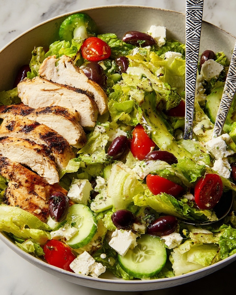 A large white bowl sits on a white marbled surface, filled with a fresh salad layered with various ingredients. The bottom layer is crisp, green romaine lettuce with different shades of light and dark green, topped unevenly with thick slices of grilled chicken breast showing a golden brown, slightly charred exterior and tender white inside on the left side. Cherry tomatoes in bright red are scattered throughout, along with thick cucumber slices that are a cool green with pale centers. Dark purple Kalamata olives and chunks of white feta cheese add depth and texture. Two silver spoons with geometric black and white patterned handles are lifting a portion of the salad, showing crisp lettuce, cucumber, olives, and feta all mixed together. photo taken with an iphone --ar 4:5 --v 7