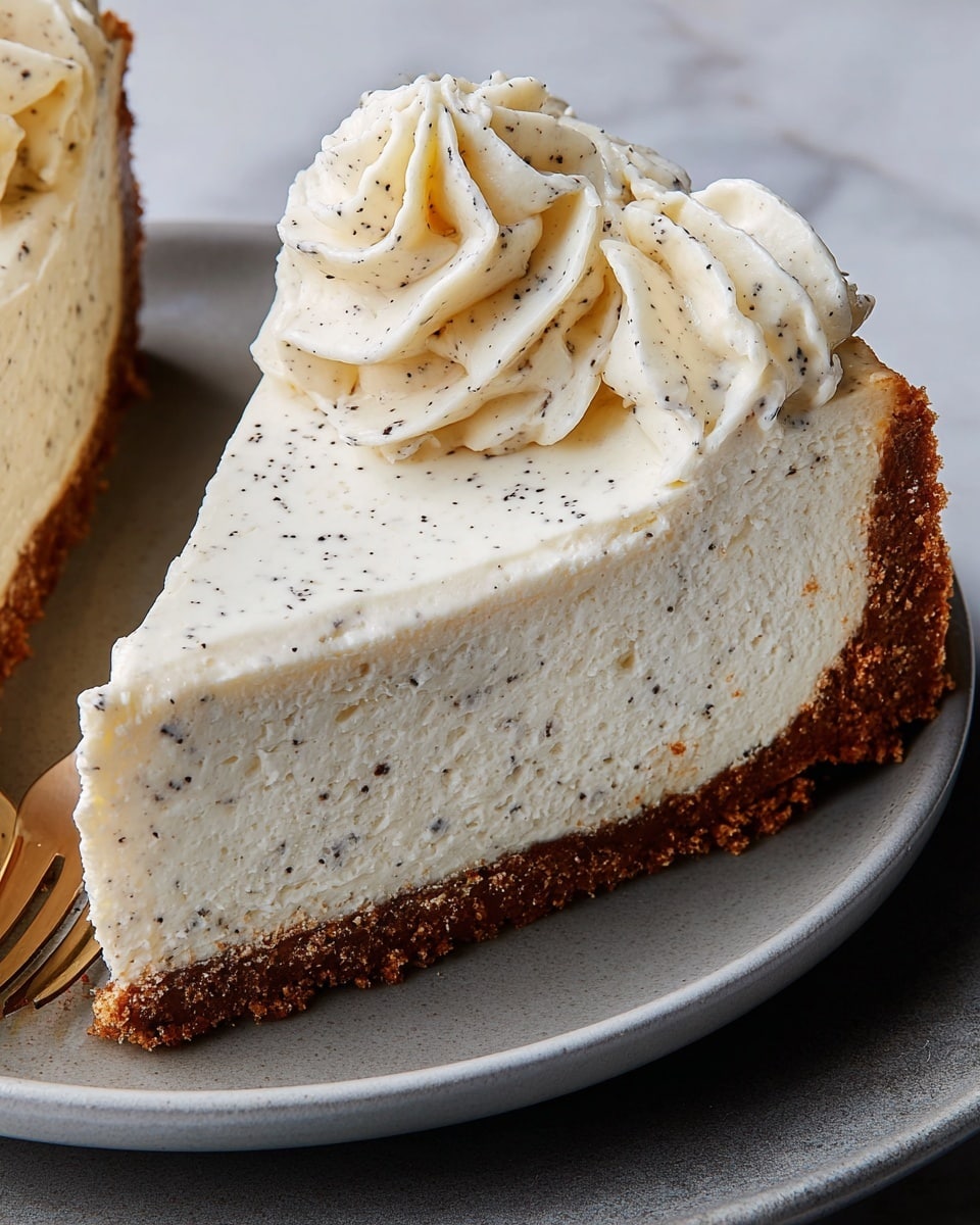The image shows a close-up of a slice of cheesecake on a white plate with a white marbled texture background. The cheesecake has two layers: a thick, crumbly brown base layer made from biscuit crumbs, and a thick, creamy white layer with small dark specks spread smoothly on top. On top of the creamy layer is a swirl of the same white cream, decorated with visible tiny dark dots, creating a textured and rich appearance. Photo taken with an iphone --ar 4:5 --v 7
