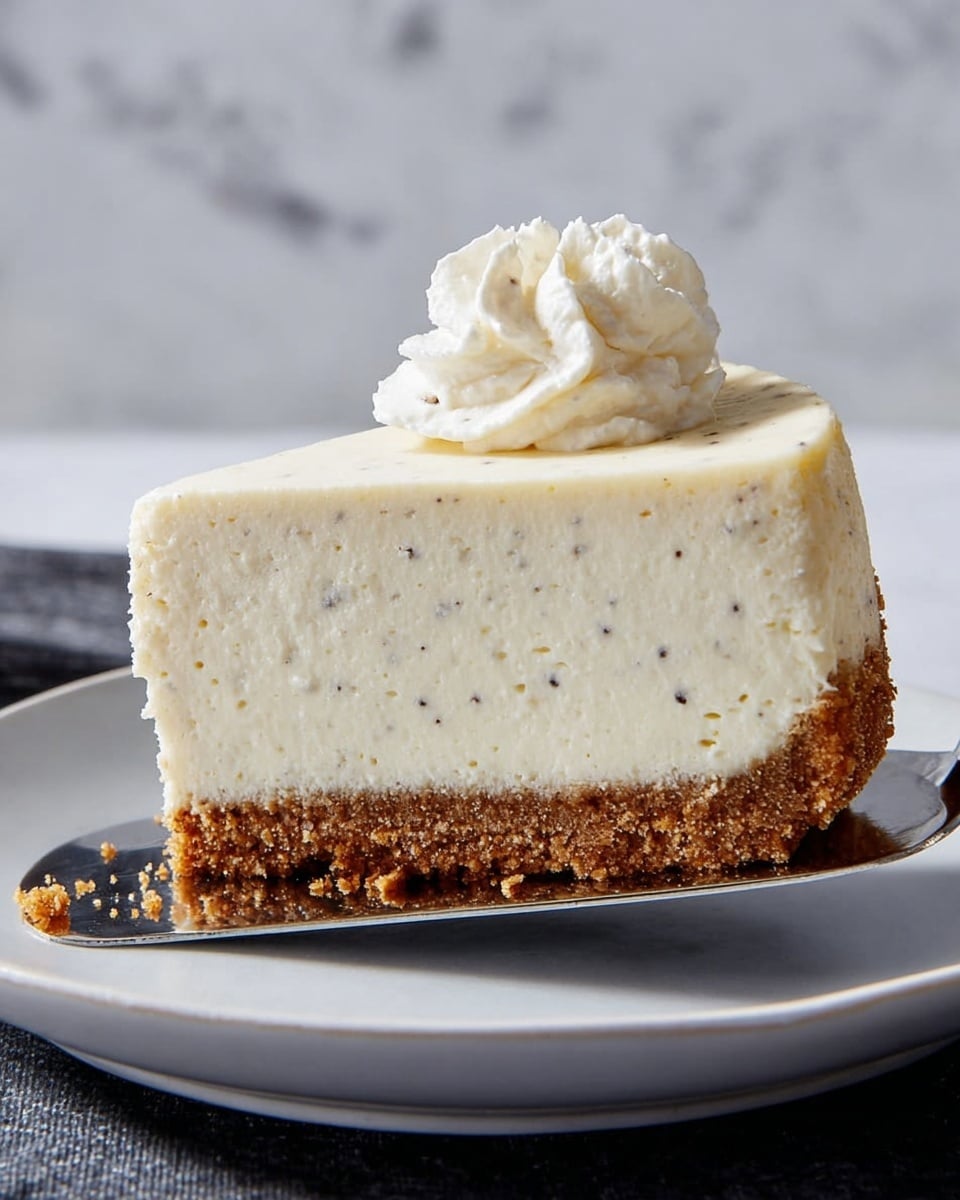 A slice of cheesecake with two layers is shown. The bottom layer is a crumbly brown crust, and above it is a thick, smooth cream-colored cheesecake layer with tiny dark specks. On top, there is a small swirl of white whipped cream. The slice is resting on a silver spatula above a white plate, set against a white marbled texture background. photo taken with an iphone --ar 4:5 --v 7