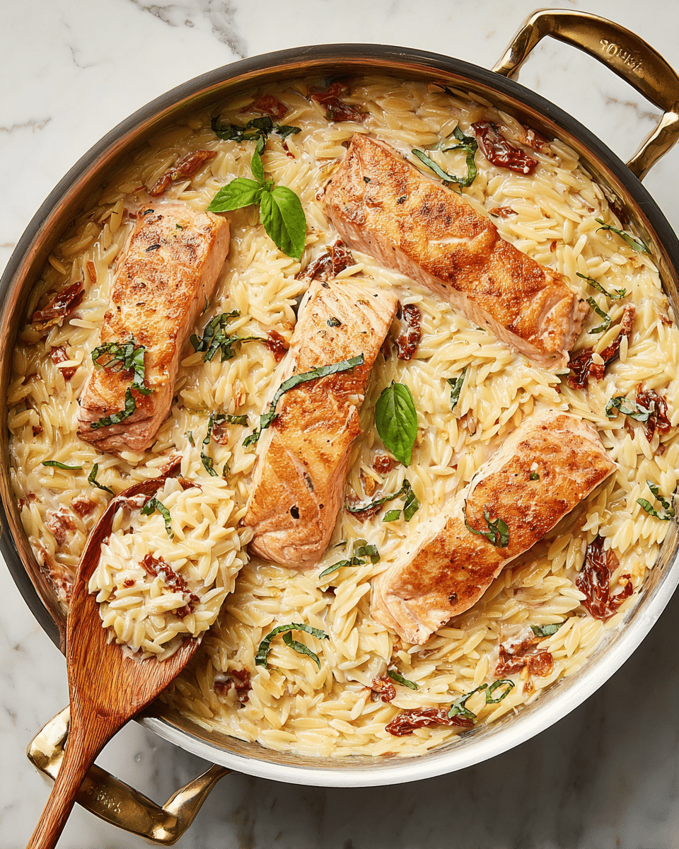 A large stainless steel pan filled with creamy orzo pasta layered with thin slices of sun-dried tomatoes spread throughout. On top, three pieces of golden brown cooked salmon fillets rest in the middle, lightly covered by creamy sauce and garnished with bright green fresh basil leaves. A wooden spoon holds a scoop of the pasta near the bottom left, partially showing the sauce's smooth texture mixed with the pasta. The pan sits on a white marbled surface. photo taken with an iphone --ar 4:5 --v 7