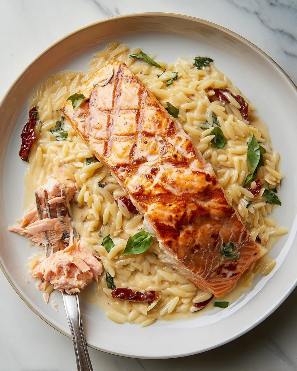The image shows a white plate with a thick grilled salmon fillet placed in the center on a bed of creamy orzo pasta mixed with small red sun-dried tomato strips and green basil leaves. The salmon has a bright orange-pink color with crisp, golden grill marks on top, and creamy sauce slightly covers parts of the fish and orzo. The orzo pasta beneath is pale yellow, glossy from the sauce, and adds a smooth texture. A silver fork rests on the left edge of the plate with a small piece of flaky salmon on its tines. The plate sits on a white marbled surface. photo taken with an iphone --ar 4:5 --v 7