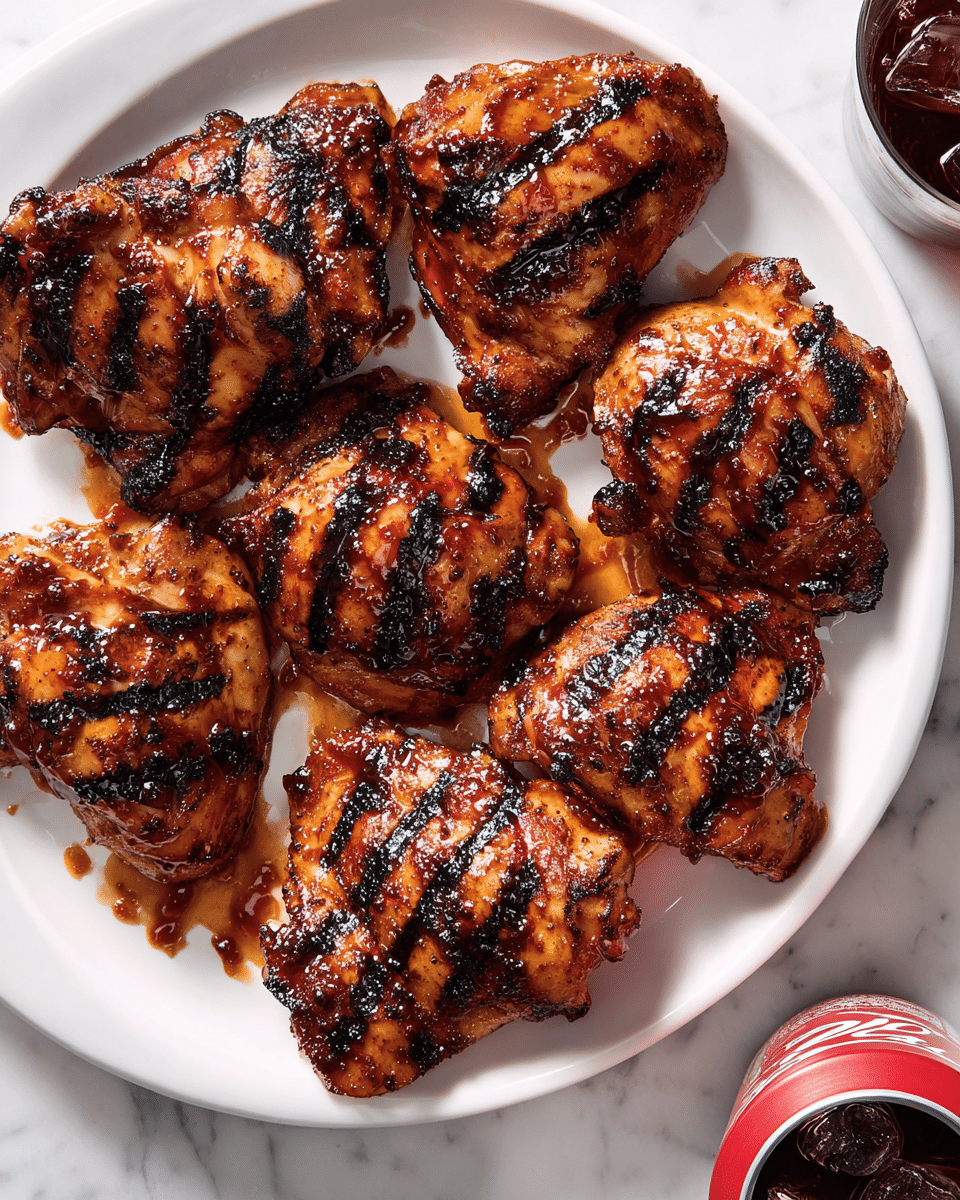 A white plate holds several grilled chicken thighs arranged side by side, each piece showing deep, dark brown charred grill marks across the shiny, reddish-brown glazed skin. The chicken pieces have a moist, slightly oily texture with areas of caramelized sauce pooling around them. On the bottom right corner of the image, a partially visible red soda can is next to an open glass filled with dark liquid and ice, all placed on a white marbled surface. photo taken with an iphone --ar 4:5 --v 7