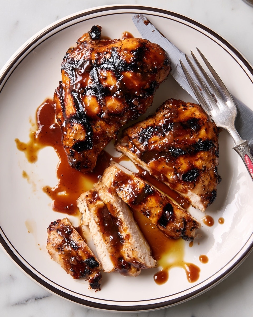 A white plate with a thin black rim holds two grilled chicken pieces glazed with a shiny, dark brown sauce. One chicken piece is whole, showing charred grill marks and a caramelized surface. The other piece is cut into three slices, revealing the cooked white meat inside with a juicy texture. Sauce pools around the chicken with some drips on the plate. A silver fork rests on the right side of the plate, with a knife nearby on the white marbled surface. Photo taken with an iphone --ar 4:5 --v 7