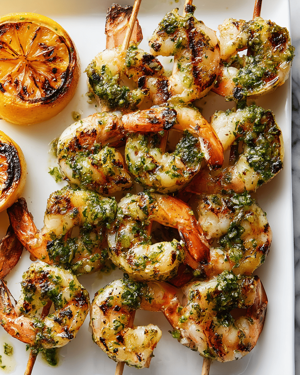 Close-up view of grilled shrimp skewers arranged on a white rectangular plate resting on a white marbled surface. Each skewer has about five large shrimp, cooked with light char marks and coated with a green herb sauce. The shrimp are pink-orange with slightly translucent white parts, showing a juicy texture. On the left side of the plate, there is a grilled lemon half, showing dark brown grill marks on its bright yellow and orange flesh. The overall image highlights the fresh, slightly charred, and colorful grilled shrimp against the clean white background. photo taken with an iphone --ar 4:5 --v 7