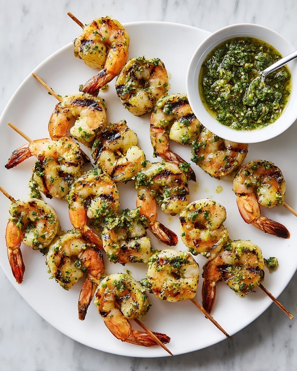 There is a white plate filled with five skewers of grilled shrimp, each skewer holding five shrimp. The shrimp are cooked with a light pink and orange color, covered with green herb sauce and grill marks on the surface. The shrimp tails have a darker reddish orange color, and the herb sauce looks chunky and moist. The plate is set on a white marbled texture. To the side, there is a small white bowl filled with the same green herb sauce. photo taken with an iphone --ar 4:5 --v 7