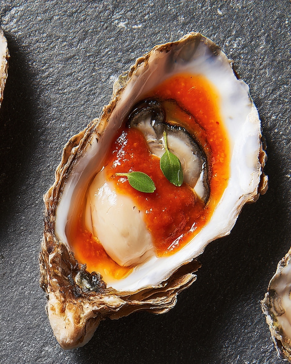 A single oyster is shown in its rough-textured shell, which has dark brown and beige colors on the outside and smooth white inside. The oyster meat is pale, creamy, and wet, resting in the center of the shell. On top of the oyster is a thick bright reddish-orange sauce that covers part of the meat and pools a little around it. A small green leaf garnish sits on the sauce adding a touch of color. The oyster sits on a dark grey rough surface. photo taken with an iphone --ar 4:5 --v 7