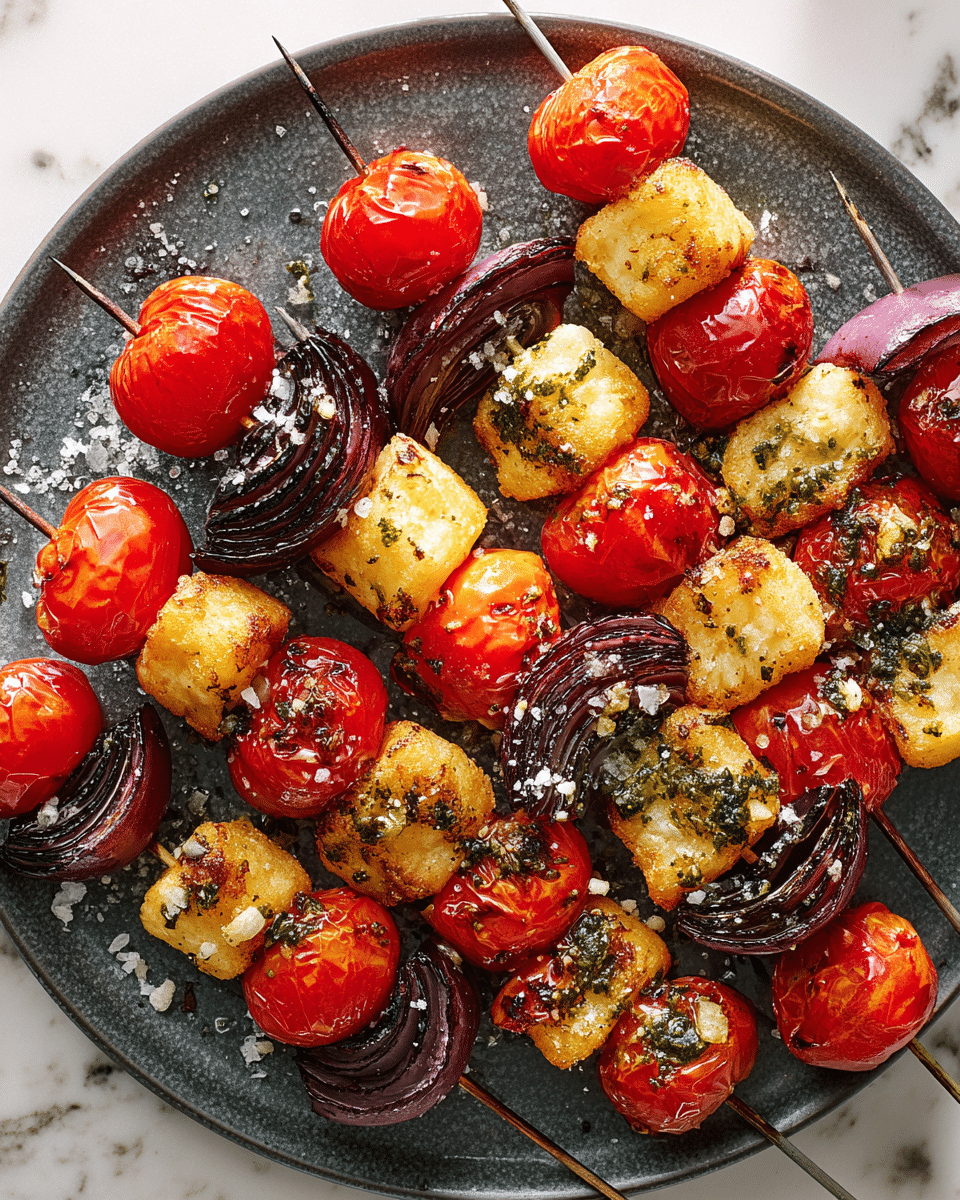 Several metal skewers rest on a dark gray round plate placed on a white marbled surface. Each skewer holds three layers alternating between bright red cherry tomatoes, light golden-brown crispy gnocchi, and deep purple grilled onion wedges. The tomatoes have char marks and a shiny, slightly wrinkled skin. The gnocchi appears golden and textured with some green herb sauce drizzled over it. The onion wedges show some char and a slight purple-white gradient inside. Small grains of coarse salt and cracked black pepper are scattered over the dish, adding texture and contrast. photo taken with an iphone --ar 4:5 --v 7