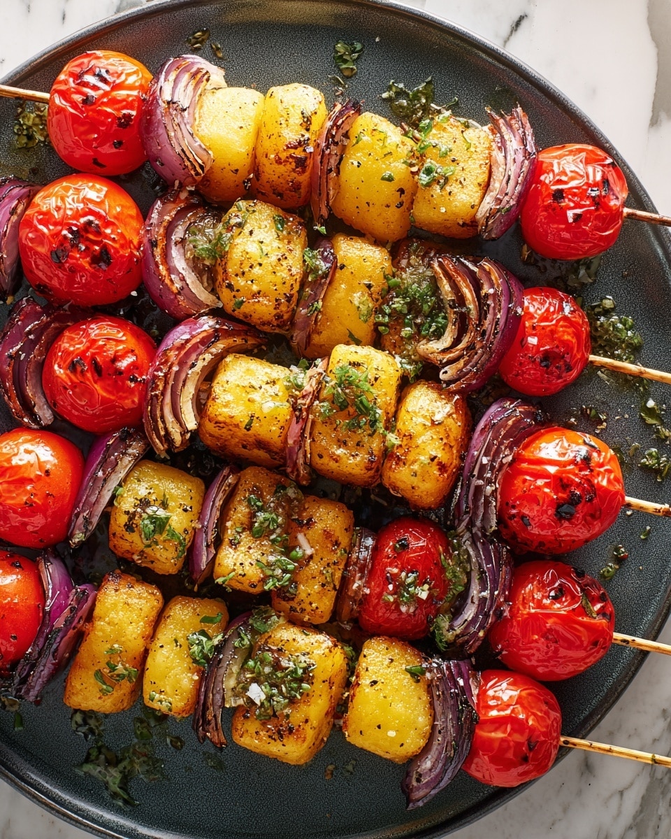 The image shows six skewers of grilled gnocchi, cherry tomatoes, and red onion wedges arranged horizontally on a dark plate, placed on a white marbled textured surface. Each skewer has several layers: small yellowish toasted gnocchi pieces with a slightly crispy texture, bright red charred cherry tomatoes with shiny skins, and curved purple-red onion wedges with some grill marks. The ingredients are sprinkled with small green herb bits and black pepper, adding a fresh and spicy look. The skewers are coated with a light layer of oil that gives a slight shine to the vegetables. photo taken with an iphone --ar 4:5 --v 7