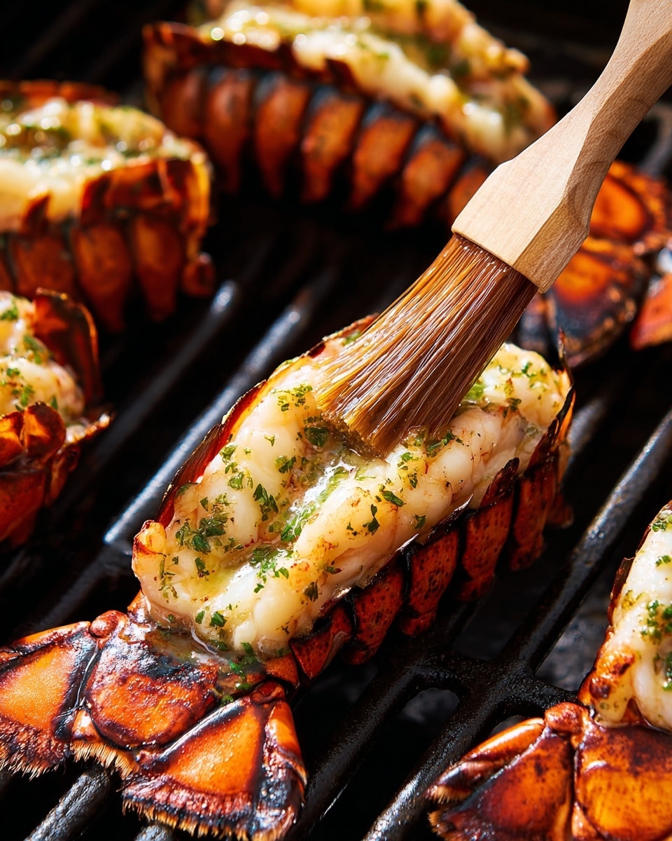 Grilled lobster tails are placed on a black grill with a close-up focus on one at the center being brushed with melted herb butter using a wooden brush. The lobster shells are a deep orange-red color with detailed textured patterns, while the lobster meat inside is white with golden grill marks and small green herb bits scattered on top. The melted butter glistens over the meat, making it look juicy and fresh, while the grill bars create dark lines underneath. The scene has a sharp, warm color contrast highlighting the freshly grilled seafood. Photo taken with an iphone --ar 4:5 --v 7
