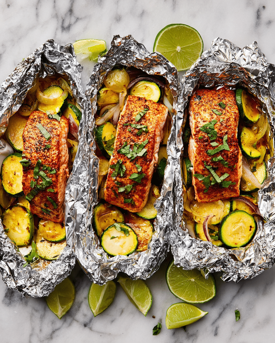 Three foil packets lie side by side on a white marbled surface, each containing a piece of cooked salmon with a golden, slightly crispy crust topped with green herb leaves. Beneath the salmon, there is a mix of sautéed yellow and green zucchini slices, lightly browned and mixed with small pieces of red onion. Around the foil packets are scattered bright green lime wedges, some squeezed, adding fresh color contrast to the rich tones of the cooked food. The foil is crumpled neatly around the contents, reflecting light and adding texture to the scene. Photo taken with an iphone --ar 4:5 --v 7