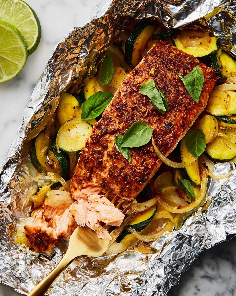 A cooked piece of salmon with a browned, textured top layer sits on a bed of sautéed yellow and green zucchini slices mixed with small pieces of cooked onion, all placed on crinkled shiny aluminum foil. A golden fork holds a chunk of the salmon, showing the soft pink inside layer, while bright green basil leaves are scattered on top and around. In the upper left corner, there is a wedge of green lime resting on a white marbled surface. photo taken with an iphone --ar 4:5 --v 7