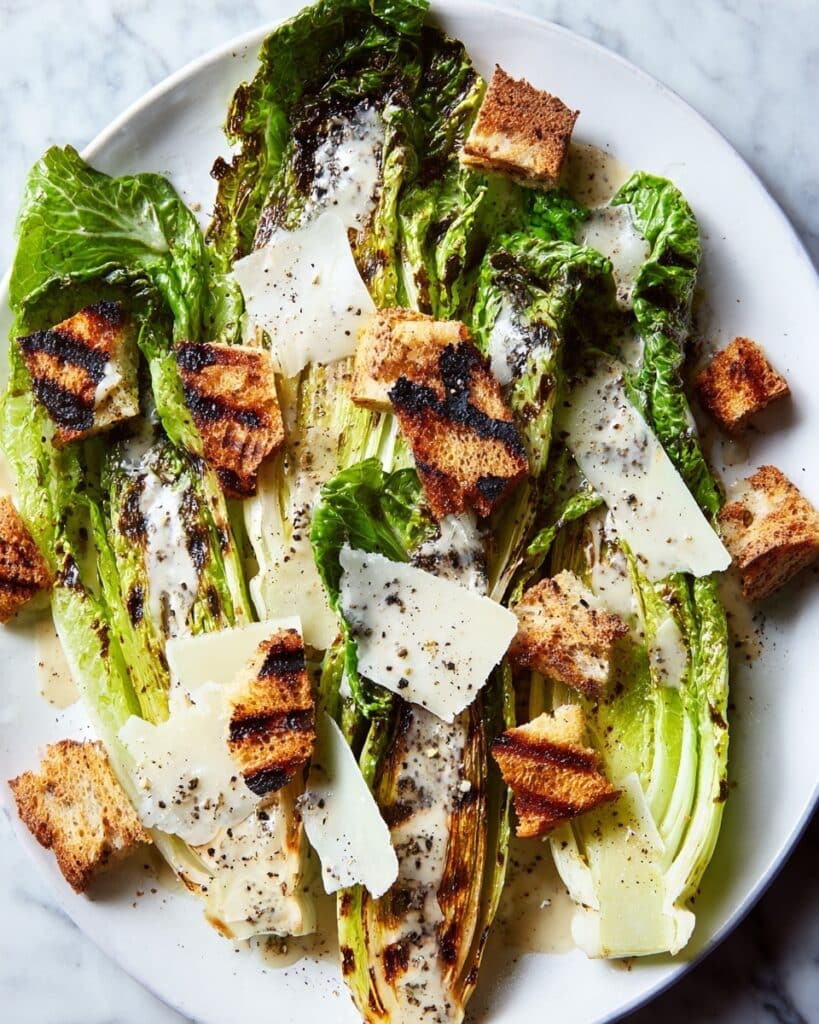 Grilled Romaine Wedge with Lemon Parmesan Dressing and Crispy Sourdough Croutons Recipe
