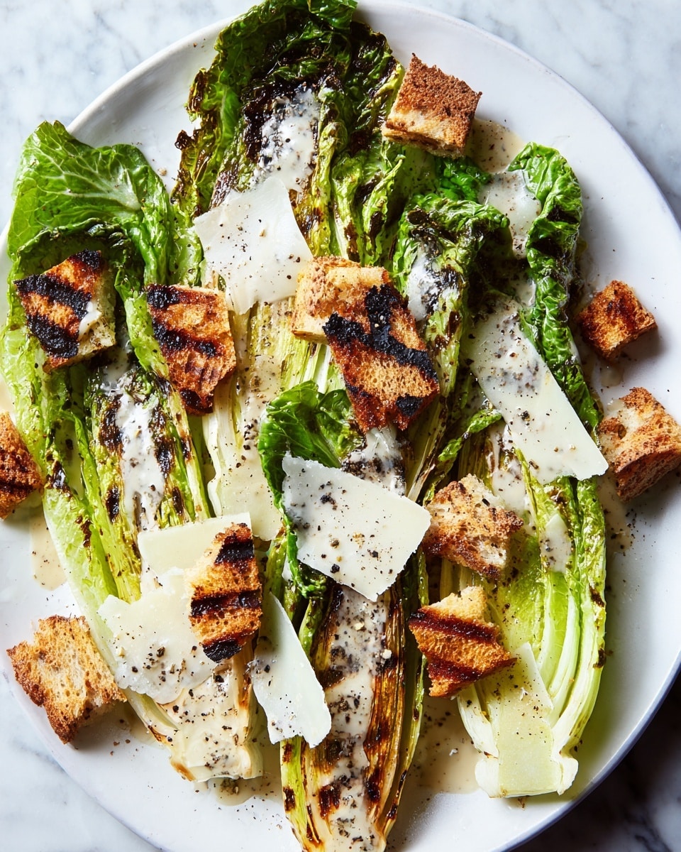 The image shows a white plate with two large halves of grilled romaine lettuce laid flat, their green leaves charred and tender from the grill. Scattered on top are crunchy, uneven pieces of toasted bread, browned with dark grill marks. There are several thin, creamy white shavings of cheese placed over the lettuce and bread, along with a drizzle of a light, creamy dressing speckled with black pepper, adding texture and moisture throughout the dish. The plate sits on a white marbled surface. photo taken with an iphone --ar 4:5 --v 7