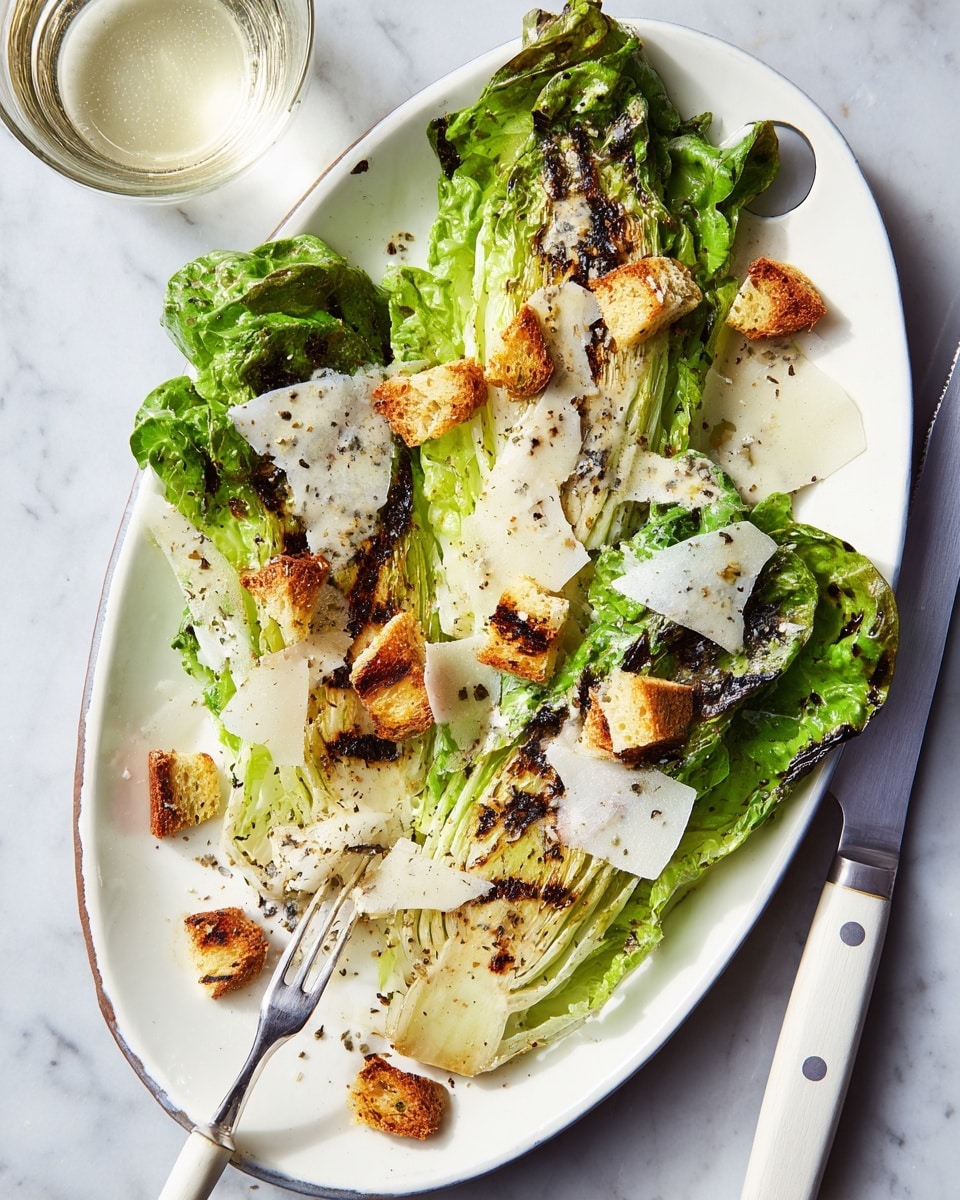 The dish shows two large grilled romaine lettuce halves placed on a white oval plate with a slightly raised edge, sitting on a white marbled surface. The lettuce layers are bright green with charred black grill marks, topped with scattered pieces of crispy, golden-brown croutons that also have grill marks. Thin, uneven shavings of white cheese and light creamy dressing are drizzled over the salad, with small sprinkles of black pepper spread across the plate. A white-handled fork is piercing a piece of lettuce on the left side of the plate, and a matching white-handled knife rests at the plate’s right edge. In the top-left corner, part of a clear glass filled with a light beverage is visible. photo taken with an iphone --ar 4:5 --v 7