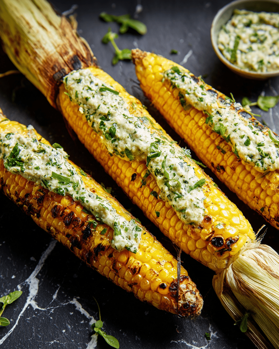 Three grilled corn ears are placed on a dark surface with a white marbled texture, each ear showing a bright yellow layer of corn kernels with some charred black spots, topped with a creamy off-white spread mixed with finely chopped green herbs that cover the top lengthwise. Small green leaves are scattered over and around the corn. The corn husks are pale and partly visible at one end. Photo taken with an iphone --ar 4:5 --v 7