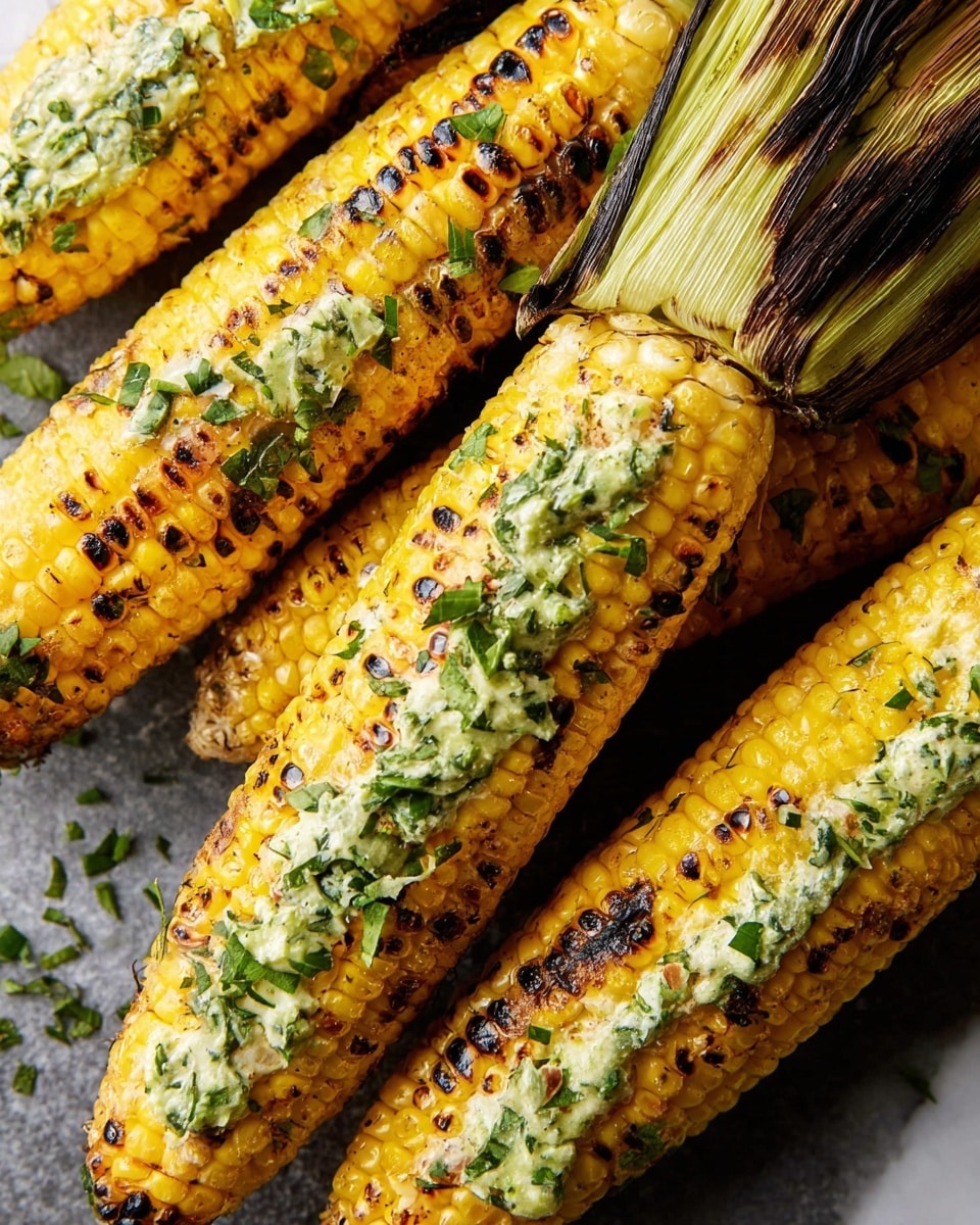 Several grilled corn on the cob close together, each showing bright yellow kernels with charred black and brown spots scattered across the surface. A creamy green herb butter is melted and spread unevenly over the top of each ear, with bits of chopped green herbs visible in the butter. The corn husks are partially peeled back at one end, and small pieces of chopped herbs are sprinkled around on the dark textured surface. The background is changed to a white marbled texture. photo taken with an iphone --ar 4:5 --v 7