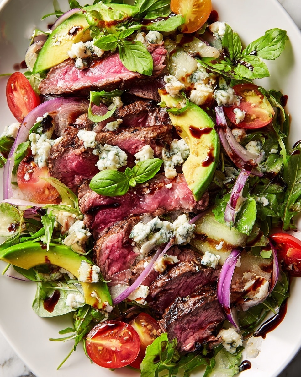 The dish is served on a white plate with thin slices of pink, medium-rare steak arranged in layers across the plate. The steak is topped with chopped blue cheese that is creamy white with blue veins. Bright green arugula leaves and fresh basil are scattered on top, adding a fresh, leafy texture. There are also thin slices of grilled avocado that are light green with grill marks and juicy red cherry tomato halves spread around. Thinly sliced purple-red onions are placed throughout, softened with a slight shine. A dark balsamic glaze is drizzled over the entire dish, adding a glossy finish. The plate sits on a white marbled surface. photo taken with an iphone --ar 4:5 --v 7