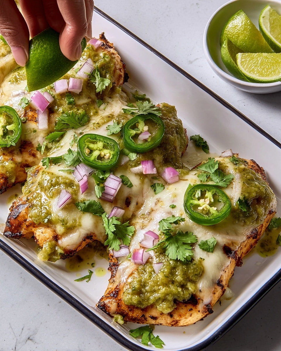 The image shows three grilled chicken breasts placed on a white rectangular plate with a black rim. Each chicken piece is topped with a layer of melted white cheese that covers the entire surface, followed by a layer of green salsa which has a slightly chunky texture. Thin slices of fresh green jalapeño and small pieces of diced red onion are scattered on top of the salsa, along with fresh green cilantro leaves for garnish. In the top right corner, a woman's hand is squeezing a fresh lime wedge over the chicken, and a small white bowl containing lime wedges rests on the white marbled surface in the background. Photo taken with an iphone --ar 4:5 --v 7
