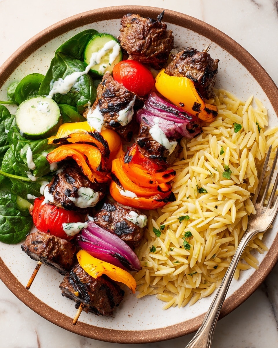 Two grilled kebabs rest on a round white plate with a brown rim, over a white marbled surface. Each kebab features several layers starting with a thick, dark brown grilled beef cube at the bottom, followed by a curved, grilled yellow bell pepper piece, a slice of charred purple onion, a bright red cherry tomato, another onion section, a piece of orange bell pepper, and topped with another grilled beef cube drizzled with a white sauce. To the left of the kebabs is a fresh spinach salad mixed with thin cucumber slices, all lightly coated with the same white dressing. On the right side of the plate is a serving of golden brown orzo pasta with small green herbs, with a silver fork placed next to it, the handle extending out of the plate. photo taken with an iphone --ar 4:5 --v 7