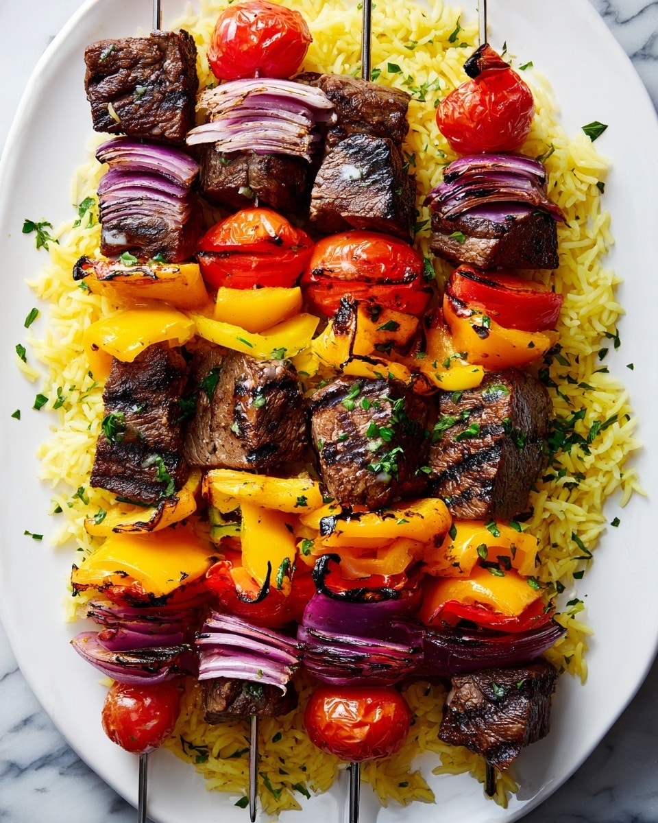 The image shows four skewers of grilled beef and vegetables laid out on a bed of yellow rice on a white plate. Each skewer has thick, dark brown grilled beef cubes, bright yellow and orange bell pepper slices, red cherry tomatoes, and purple-red onion slices arranged in layers from bottom to top. The beef pieces have a slightly charred, textured surface. The rice underneath is sprinkled lightly with chopped green herbs, adding a fresh touch. The whole presentation is set on a white marbled background. photo taken with an iphone --ar 4:5 --v 7