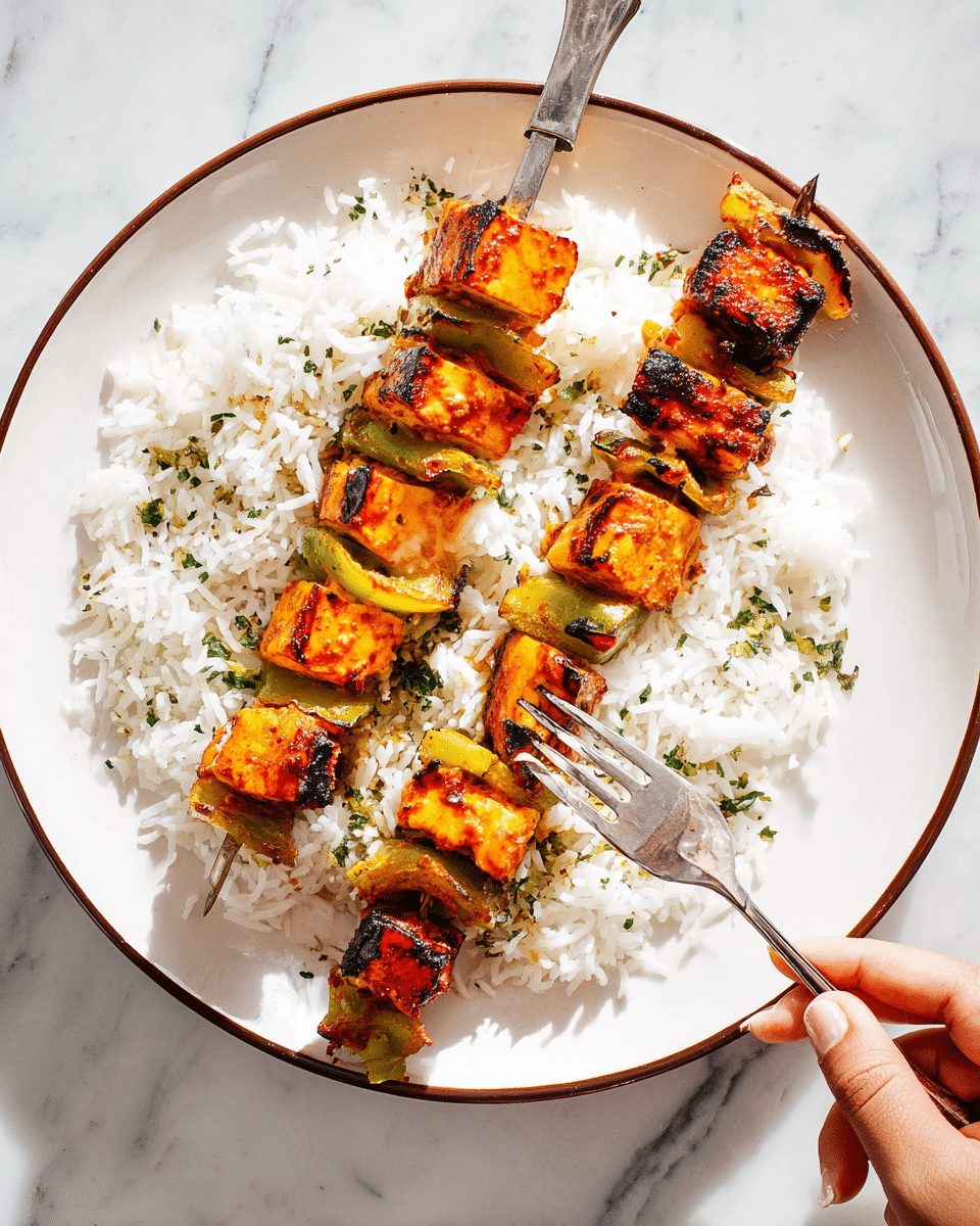 A white plate with a thin brown rim holds two metal skewers of grilled food resting on a bed of fluffy white rice sprinkled with small green herb pieces. Each skewer has layers of orange grilled cubes, likely marinated meat or paneer, with charred edges and bright green bell pepper pieces alternating along the skewer. The rice looks soft and slightly sticky, filling most of the plate space. A woman's hand is holding a silver fork, piercing one of the skewers’ orange cubes. The plate is set on a white marbled surface. photo taken with an iphone --ar 4:5 --v 7