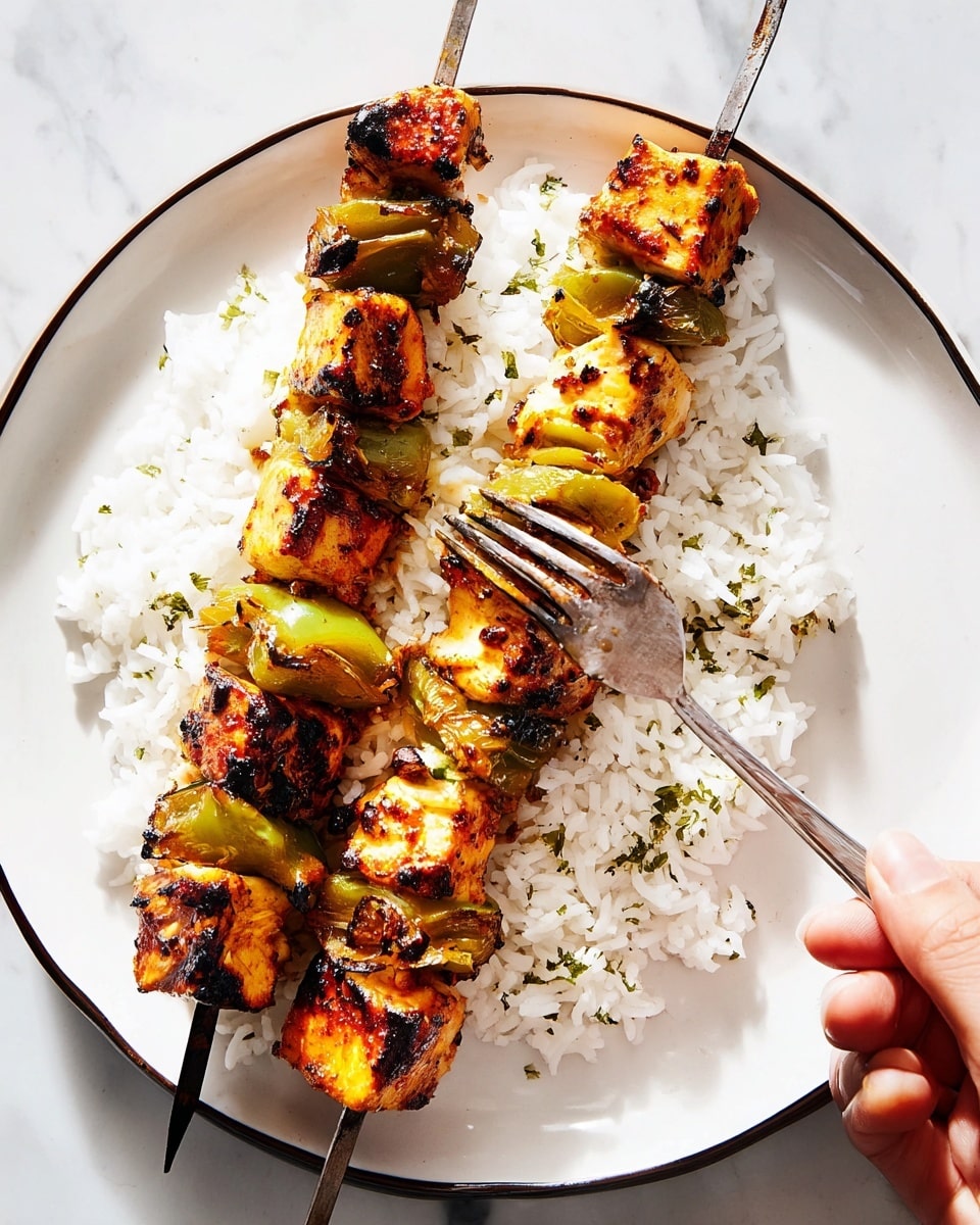 Two grilled skewers rest on a white plate with a thin dark border, sitting on a white marbled surface. Each skewer has alternating layers of grilled chicken cubes that are golden brown with char marks, and chunks of green bell pepper. The skewers are placed over a bed of fluffy white rice sprinkled lightly with small green herb bits. A woman's hand is using a silver fork to pick up a piece of chicken with some rice. The lighting is bright, highlighting the textures and colors of the grilled food and rice. Photo taken with an iphone --ar 4:5 --v 7