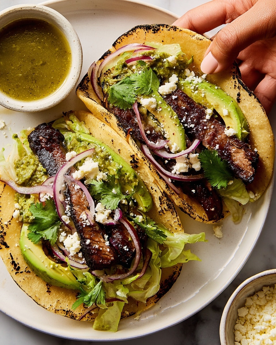 The image shows two small tacos on a white plate with a white marbled surface background. Each taco has a slightly charred, soft tortilla shell as the bottom layer. Inside, there are slices of grilled, dark brown meat with clear grill marks placed over layers of thin avocado slices and leafy green lettuce. Thin rings of red onion and fresh cilantro leaves add pops of purple and green on top. Crumbled white cheese is sprinkled over the filling. A small white bowl of green salsa and a white bowl filled with crumbled cheese are placed near the tacos. A woman's hand is holding one taco on the right side. photo taken with an iphone --ar 4:5 --v 7