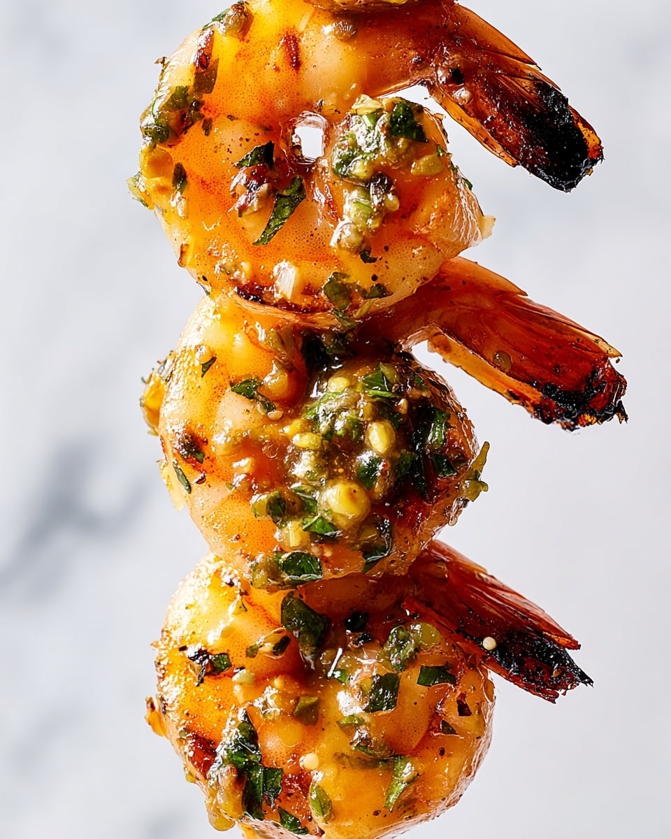 The image shows a close-up of three grilled shrimp stacked vertically on a skewer. The shrimp are orange with slight char marks and covered in bits of green herbs and small capers, giving a fresh and textured look. Small pieces of garlic and herbs are visible on the shrimp’s surface, with a light drizzle of sauce dripping from the middle shrimp. The shrimp curl naturally, showing their tails and some translucent parts near the skewer. The background is a clean white marbled texture. photo taken with an iphone --ar 4:5 --v 7