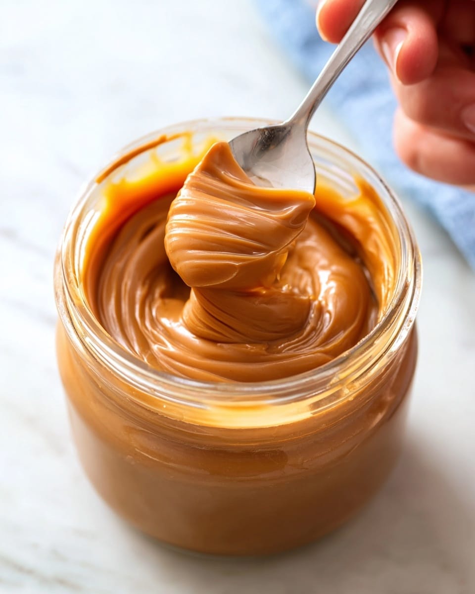 A close-up view of a clear glass jar filled with smooth, shiny, light brown caramel spread. The rich caramel has a creamy texture with a glossy surface and is seen being lifted by a silver spoon held by a woman's hand in the top right corner. The jar rests on a white marbled texture, and the focus is on the thick, flowing caramel swirled perfectly inside the jar. Photo taken with an iphone --ar 4:5 --v 7