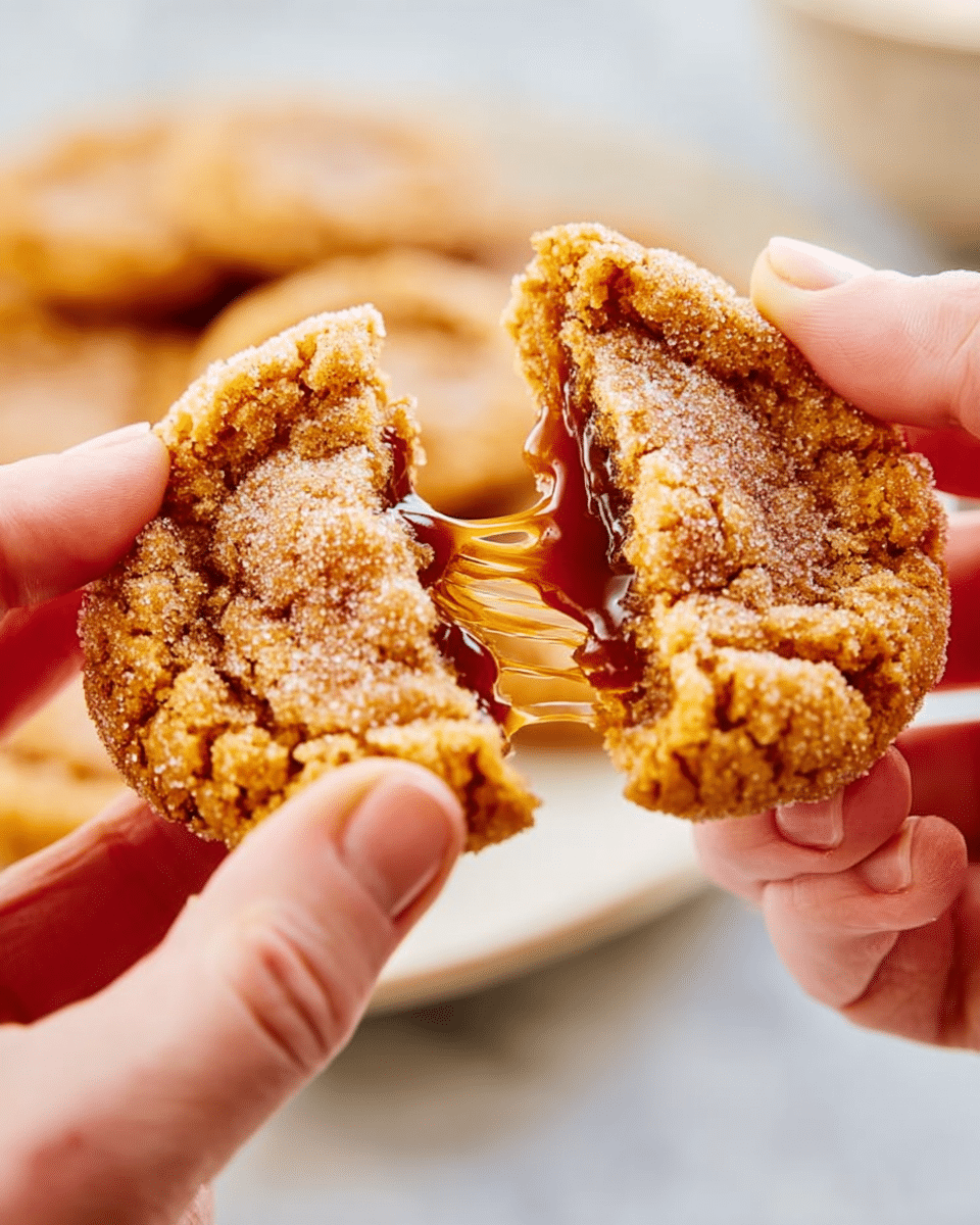 A close-up view of a woman's hands pulling apart a round, golden-brown crispy cookie covered with sugar and cinnamon on the outside, revealing a thick layer of glossy, amber-colored caramel stretching between the two halves. The cookie has a rough, crumbly texture with visible sugar crystals on the surface. The background shows a blurred plate of more cookies sitting on a white marbled surface. Photo taken with an iphone --ar 4:5 --v 7