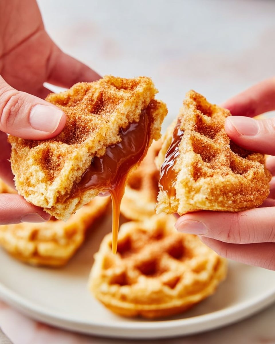 A close-up image shows a woman's hands pulling apart a crispy, golden-brown fried waffle, revealing a thick, sticky layer of rich caramel sauce inside. The waffle's textured surface has small pockets and a light dusting of cinnamon powder. The background is softly blurred, showing more waffles on a white plate resting on a white marbled surface. The focus is on the contrast between the crunchy waffle outside and the smooth, gooey caramel stretching between the two halves. Photo taken with an iphone --ar 4:5 --v 7