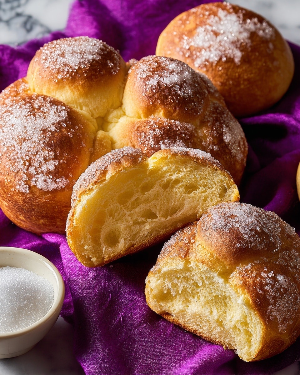 The image shows several round, golden-brown bread rolls with a soft, fluffy inside and a slightly crispy crust, each topped with a dusting of white sugar crystals. One bread is broken open, revealing its light, yellowish interior, while others remain whole with smooth, slightly glossy tops marked by gentle cracks. The bread rolls have small round knobs on the top, giving them a unique shape. These sweet breads are placed on a vibrant, rich purple fabric with a white ceramic bowl filled with granulated sugar nearby, all set against a white marbled textured surface. Photo taken with an iphone --ar 4:5 --v 7