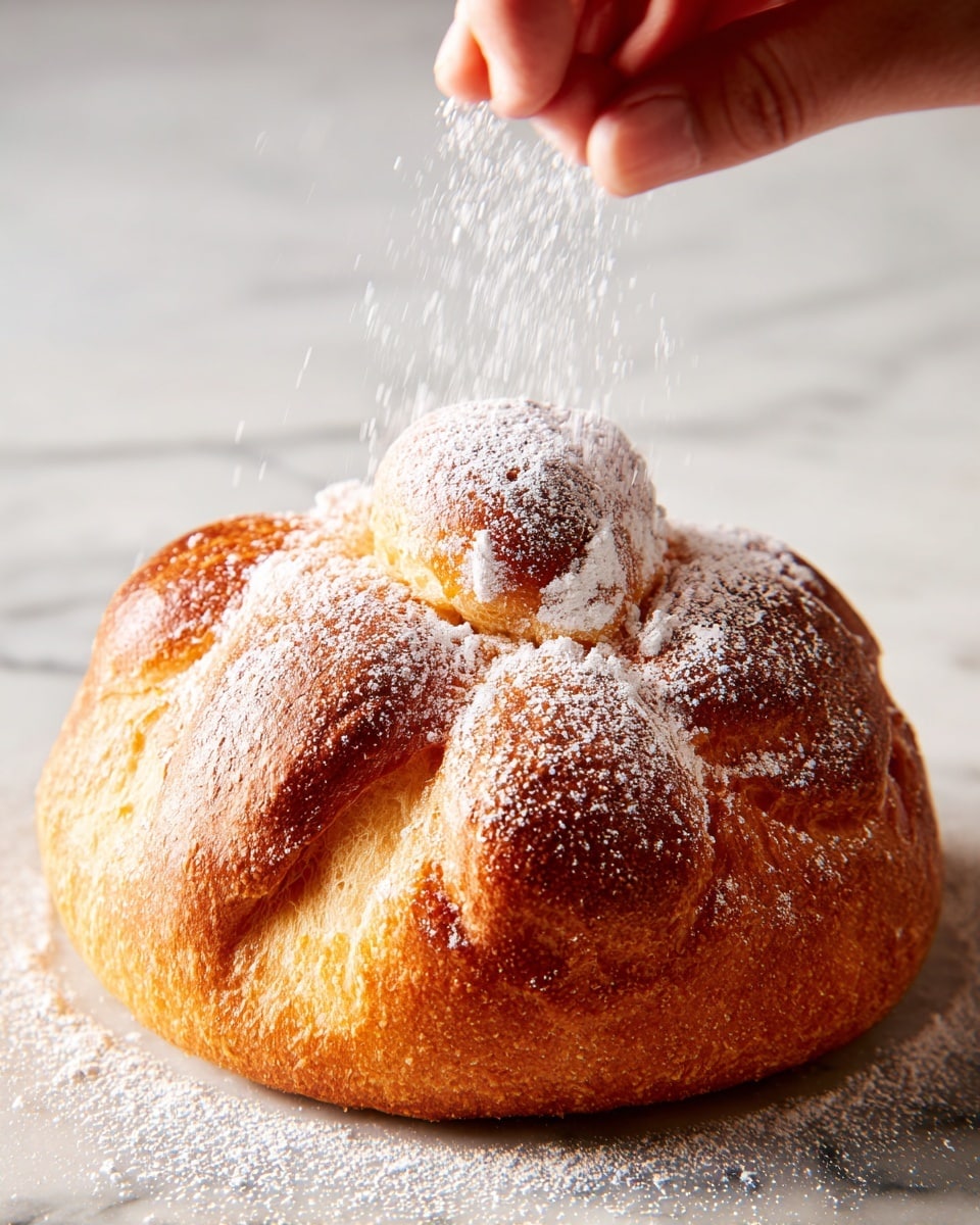 A single round, golden brown bread sits on a white marbled surface, topped with a small round dough ball in the center. The bread has a slightly textured crust with deep brown shading on the edges and small rounded sections attached around its sides. A woman's hand sprinkles white powdered sugar over the bread, some sugar settling on the surface and around the base, creating a light dusting effect. The lighting highlights the bread’s soft and fluffy inner texture visible through a small split in the crust. Photo taken with an iphone --ar 4:5 --v 7