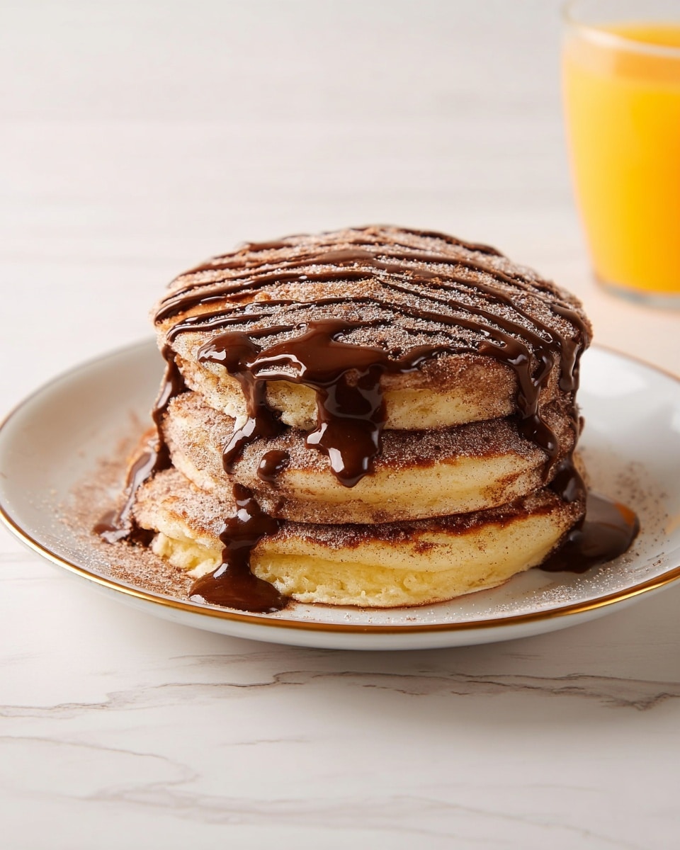 A stack of three thick pancakes, each layer showing a light golden-brown color with a soft, fluffy texture, generously coated in a sugary cinnamon powder that gives a grainy appearance. Smooth, glossy dark chocolate syrup is drizzled over the top pancake and sides, flowing down naturally and pooling slightly at the base. The pancakes are placed on a simple white plate with a thin gold rim, set on a white marbled surface. In the background, there is a blurred glimpse of a yellow-orange drink. photo taken with an iphone --ar 4:5 --v 7