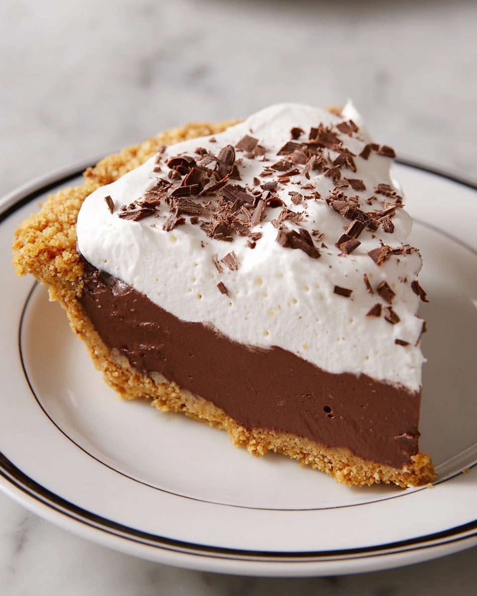 A slice of pie with three visible layers is shown on a white plate with a thin black rim. The bottom layer is a crumbly, golden-brown crust. The middle layer is thick and smooth with a rich dark chocolate color and texture. The top layer is a soft, white whipped cream topped with small and medium-sized chocolate shavings scattered across it. The plate sits on a white marbled texture surface. photo taken with an iphone --ar 4:5 --v 7