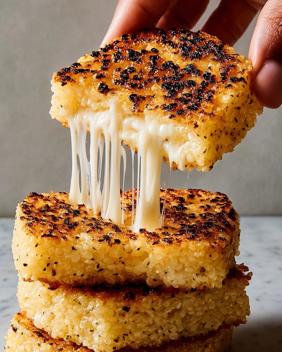 A close-up image showing a stack of three golden-brown, crispy rice cakes with visible char marks on their surface, giving a slightly burnt texture. The top rice cake is lifted by fingers, pulling long, white, stretchy cheese strands from the middle layer, which looks soft and gooey inside. The rice cakes have a rough, grainy texture on the outside and a melted, sticky cheese center. The background is a white marbled texture, enhancing the warm tones of the rice cakes. Photo taken with an iphone --ar 4:5 --v 7