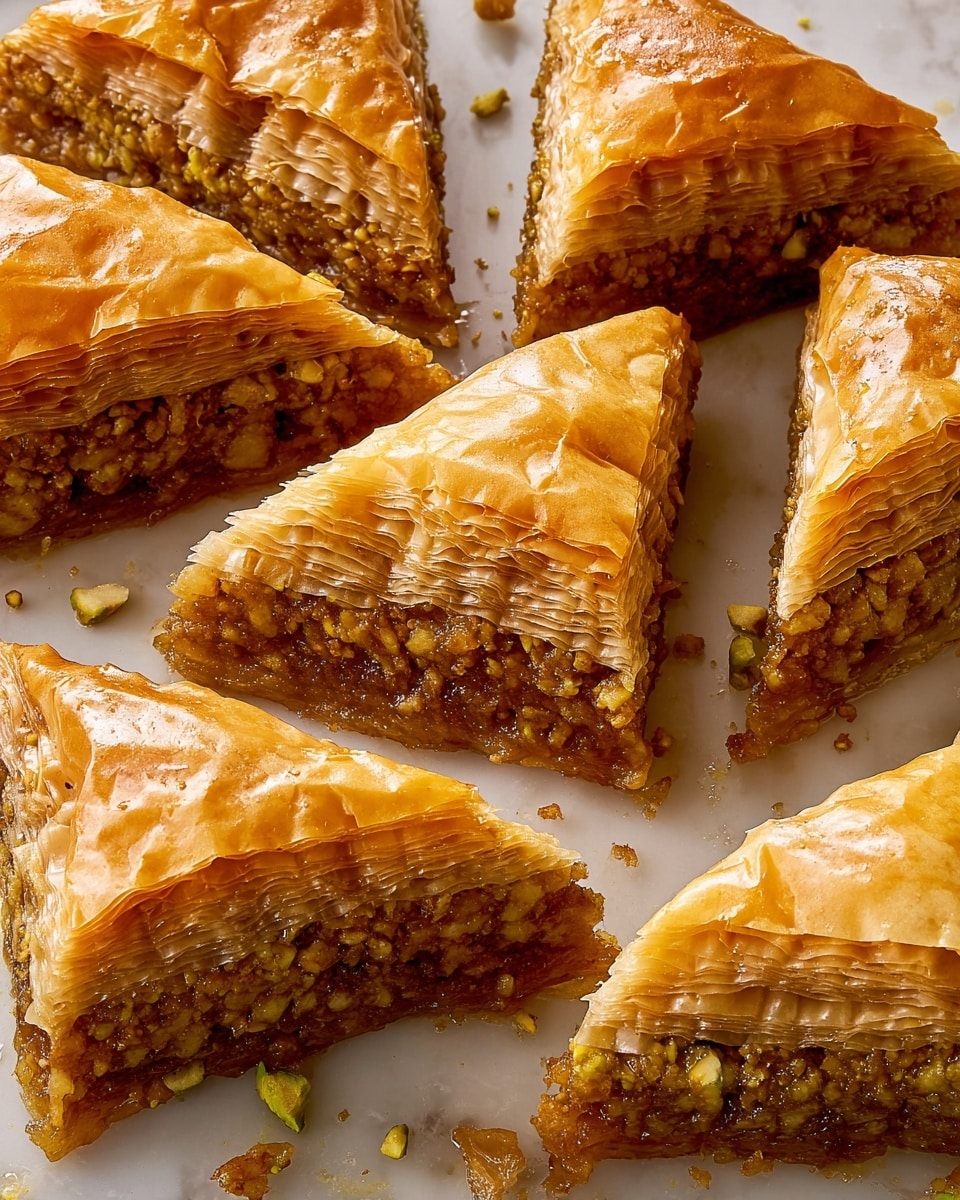 A close-up top view of several triangularly cut pieces of baklava arranged closely on a white marbled surface. Each piece shows multiple thin, golden-brown flaky layers of crispy phyllo dough on top and bottom, with a textured, nutty filling layer in the middle that has a slightly grainy look with small nut bits visible. The baklava pieces have a shiny, glazed surface that reflects light, emphasizing the crinkled and crispy texture of the dough. Some crumbs and small nut bits are scattered around the pieces on the white marbled background. photo taken with an iphone --ar 4:5 --v 7