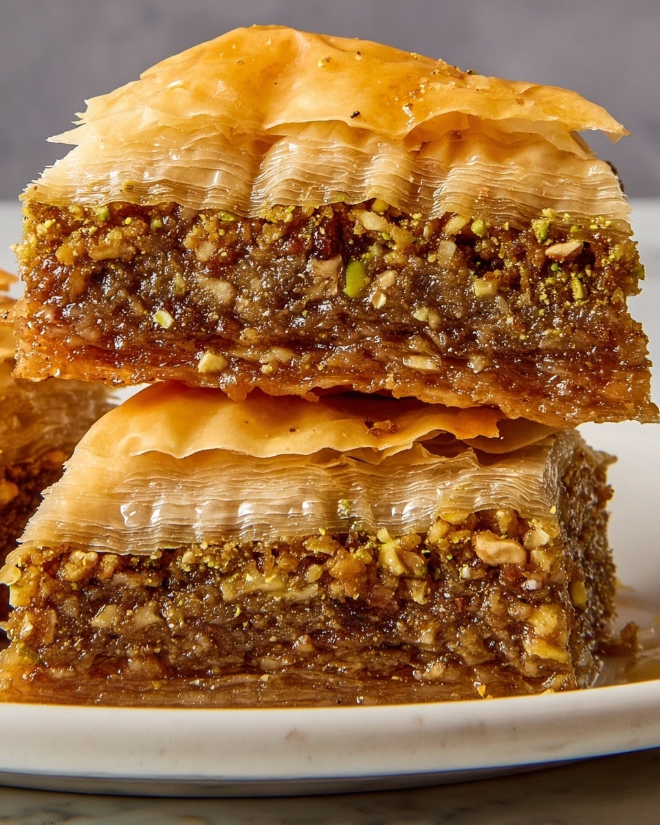 Two stacked pieces of baklava on a white plate with a white marbled background. Each piece has multiple thin, crispy golden layers of flaky pastry on top and bottom. Between these layers are dense, sticky nut filling layers that are brown and greenish, with a texture showing finely chopped nuts and syrup. The top and bottom pastry layers are slightly puffed and crisp, while the filling looks moist and gooey, slightly oozing syrup. The baklava layers are uneven but rich in texture and color, showing a mix of nutty and sugary elements. photo taken with an iphone --ar 4:5 --v 7