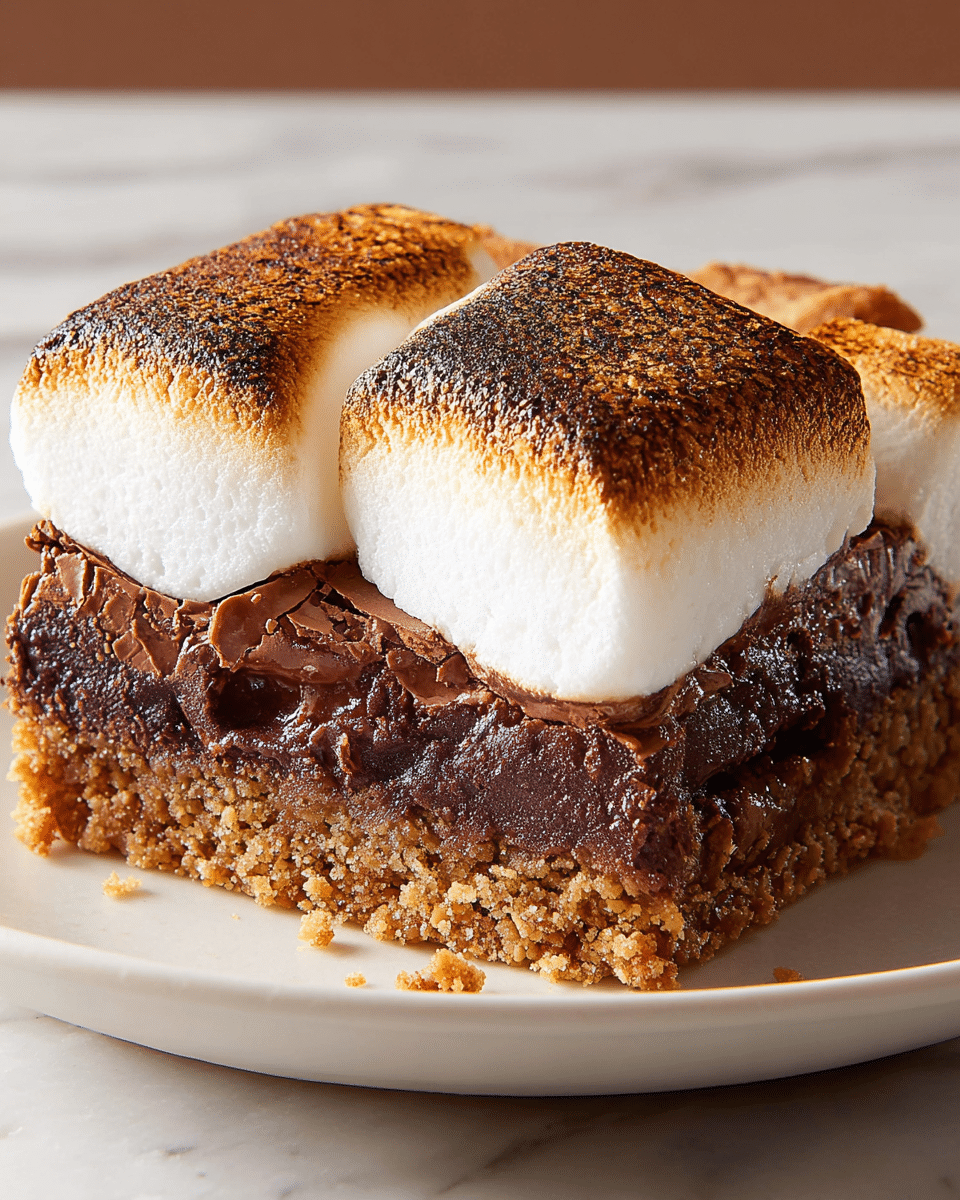 A close-up image of a dessert slice on a white plate set on a white marbled surface, featuring three visible layers: a crunchy, light brown cookie crust at the bottom, a thick middle layer of rich, dark brown, fudgy chocolate with a slightly rough texture, and topped with two large, toasted marshmallows that are browned on the top with a soft, fluffy white inside, slightly melting into the chocolate below. photo taken with an iphone --ar 4:5 --v 7