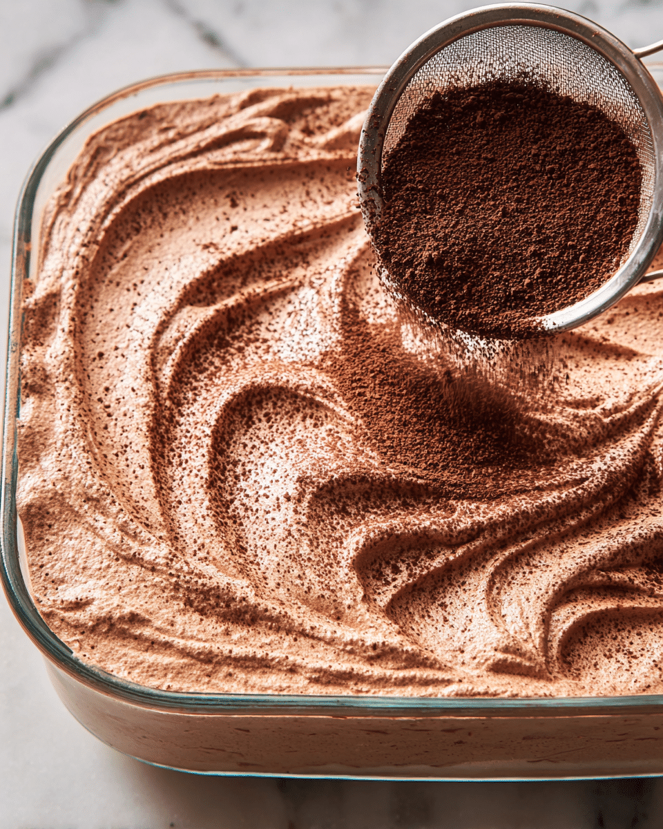 A white plate holds a slice of layered cake with two visible layers of light golden sponge cake and a thick middle layer of smooth, fluffy chocolate mousse that also covers the top of the slice. The top chocolate mousse layer is sprinkled with dark chocolate crumbs. To the right, more cake with chocolate mousse is partially visible on another white plate. On the left side of the image, part of a Nutella jar is shown against a light blue background, and the whole scene rests on a white marbled surface. A spoon is stuck into the mousse on the right side of the main plate. Photo taken with an iphone --ar 4:5 --v 7