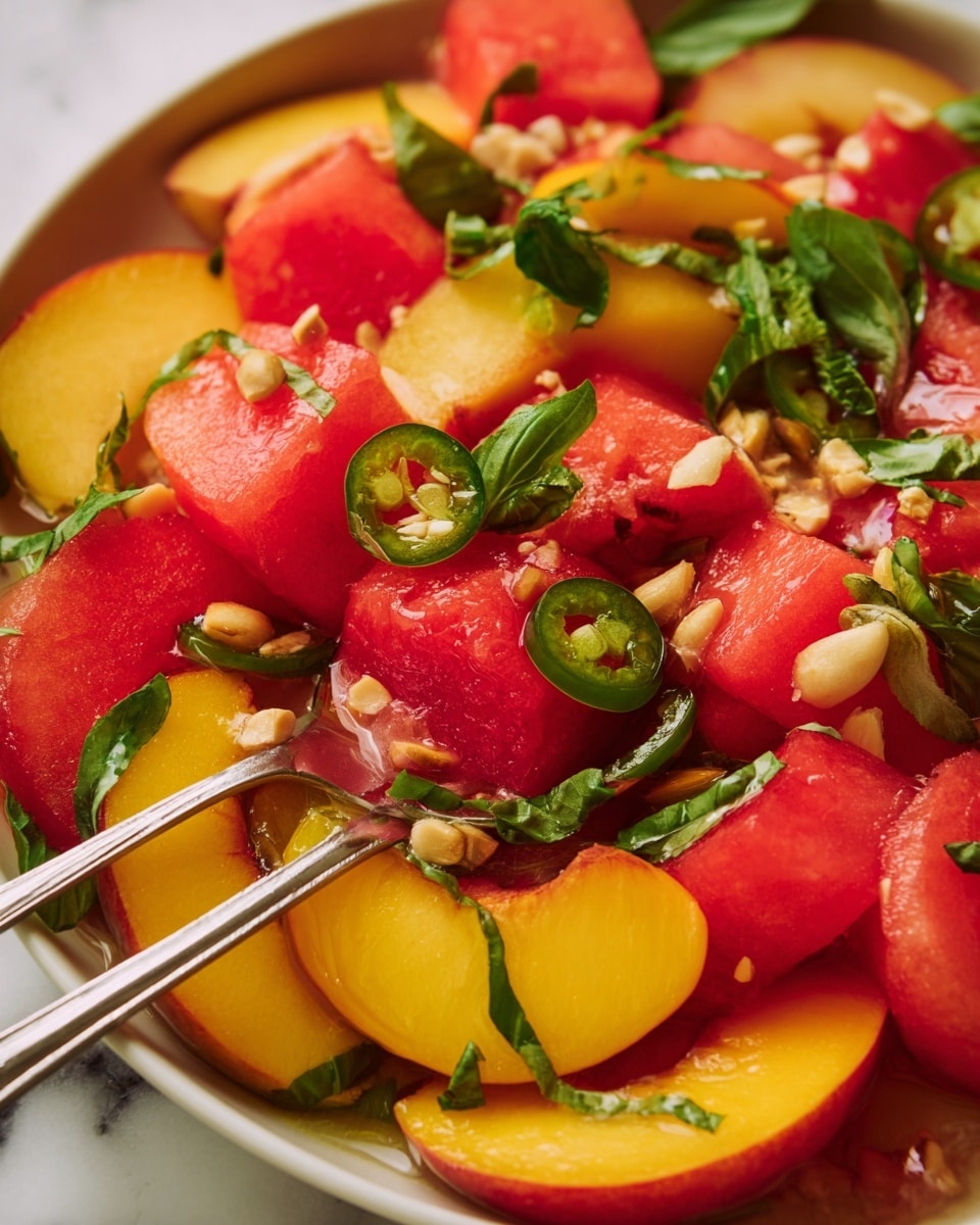 The image shows a close-up of a fresh fruit salad with three main layers. The bottom layer has sliced yellow peaches with smooth, curved edges and a soft texture. The middle layer features round, bright red watermelon slices with a juicy look. The top layer includes green basil leaves cut into thin strips, fresh green jalapeño slices, and small crunchy peanut pieces sprinkled on top. Two shiny silver forks hold some of the salad, and the whole dish is on a white plate with a white marbled surface underneath. photo taken with an iphone --ar 4:5 --v 7