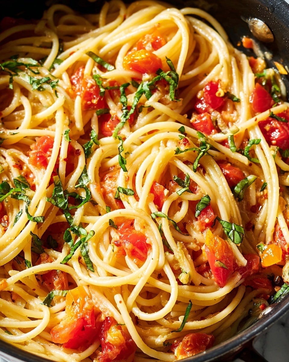 A close-up view of a pan filled with spaghetti pasta, showing long, light yellow noodles twisted and mixed closely together. Scattered among the noodles are small chopped pieces of red and orange tomatoes, tiny bits of white minced garlic, and sprinkled green basil leaves finely sliced. There are also tiny red chili flakes mixed throughout, giving a hint of spiciness. The pan's black edge frames the pasta, with a white marbled texture faintly visible in the background. photo taken with an iphone --ar 4:5 --v 7