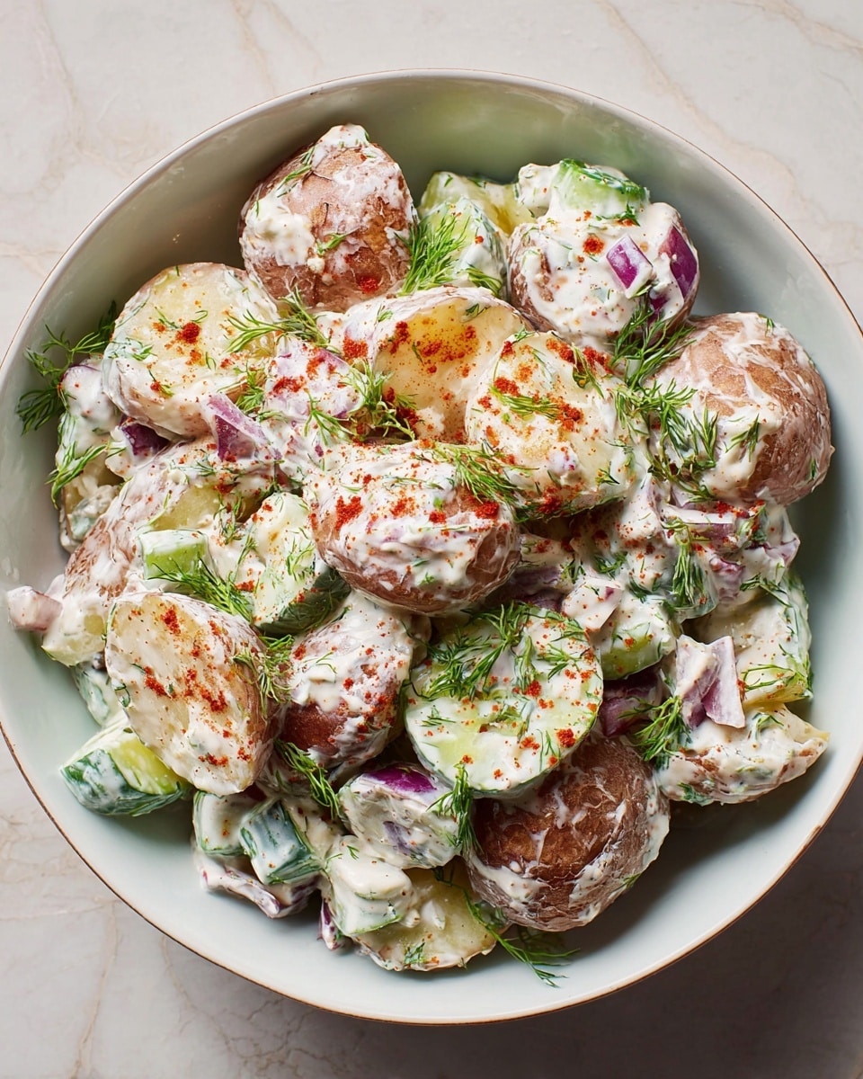 A white bowl filled with halved small potatoes covered in a thick white creamy dressing, mixed with small pieces of green cucumber, finely chopped purple onion, and fresh green dill. The potatoes have a light brown skin, and the cream is sprinkled with a light dusting of red paprika. The ingredients are layered evenly throughout, showing fresh herb sprigs on top for decoration, all set against a white marbled textured surface. photo taken with an iphone --ar 4:5 --v 7
