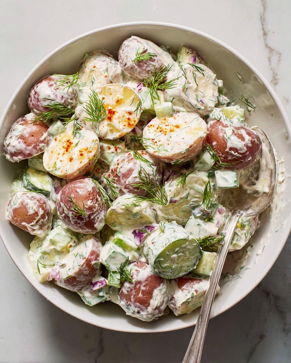 The image shows a white bowl filled with a creamy potato salad made of about two layers of small red potatoes cut in half, coated in a thick white sauce mixed with green dill, small chopped cucumber pieces, and chunks of red onion. The potatoes have a reddish-brown outer skin and a soft light cream inside. There are small sprigs of fresh dill and a light sprinkle of red paprika or chili powder on top, adding spots of orange color. A silver spoon rests inside the bowl on the right side, partially covered by the creamy salad. The bowl is placed on a surface with a white marbled texture. Photo taken with an iphone --ar 4:5 --v 7