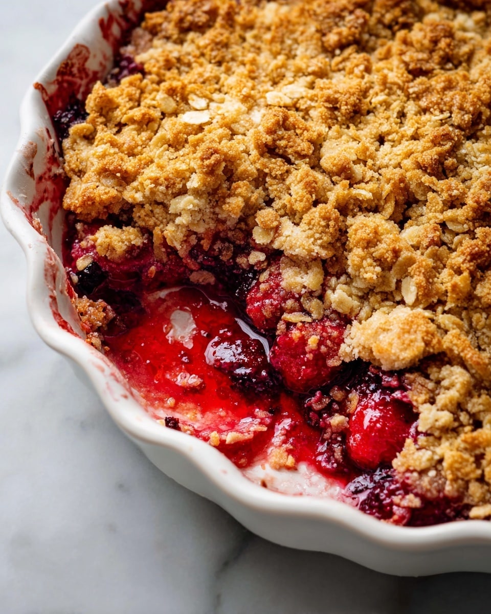 A white scalloped ceramic dish holds a mixed berry crumble, with one section scooped out to reveal the layers. The top layer is a golden brown, chunky oat crumble with a rough texture, made of oats and butter, covering the bright red and deep purple cooked berry filling beneath. The berry layer is juicy and thick, showing whole and smashed berries with shiny, sticky syrup pooling slightly on the edges. The dish sits on a white marbled surface, enhancing the warm, inviting look of the dessert. photo taken with an iphone --ar 4:5 --v 7