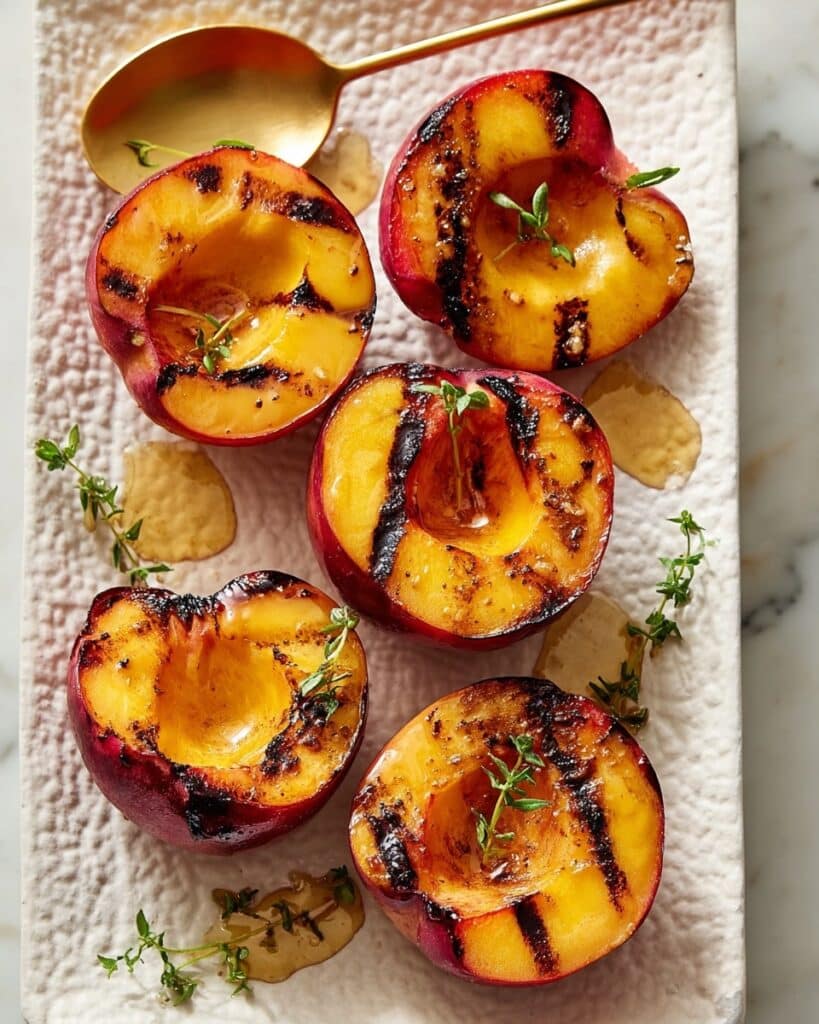 Grilled Peaches with Vanilla Ice Cream, Honey, and Sea Salt Recipe