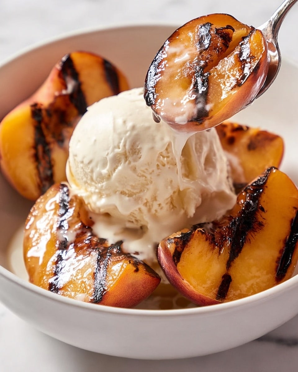 In a white bowl on a white marbled surface, there are several grilled peach halves with dark brown grill marks on their orange skin. On top of these peach halves is a large scoop of creamy white vanilla ice cream, which looks slightly melting. A spoon is lifting one peach half covered with melting ice cream, showing the juicy, shiny texture of the peach against the smooth, soft ice cream. The colors are warm orange and creamy white with a contrast of the dark grill lines. photo taken with an iphone --ar 4:5 --v 7
